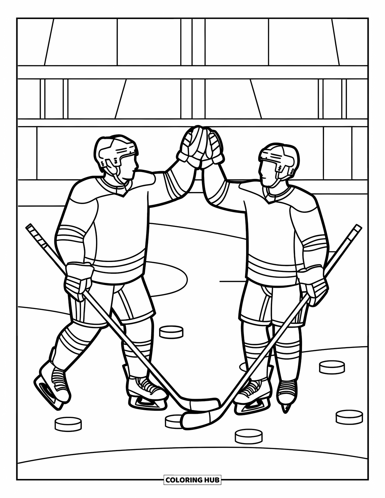 Hockey Coloring Page for Kids: Two players high-five with pucks scattered across the rink in the background