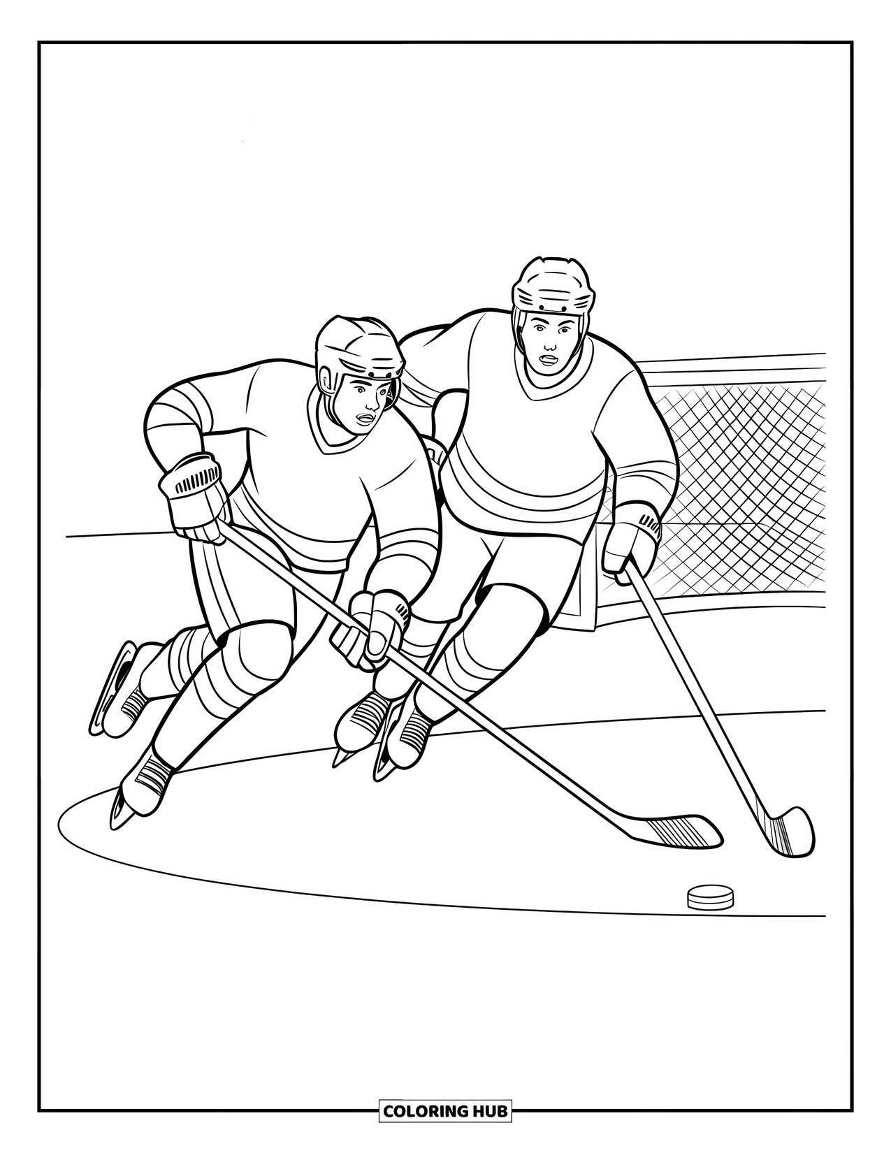 Hockey Coloring Page for Kids: Two players race for the puck near a net and scattered sticks