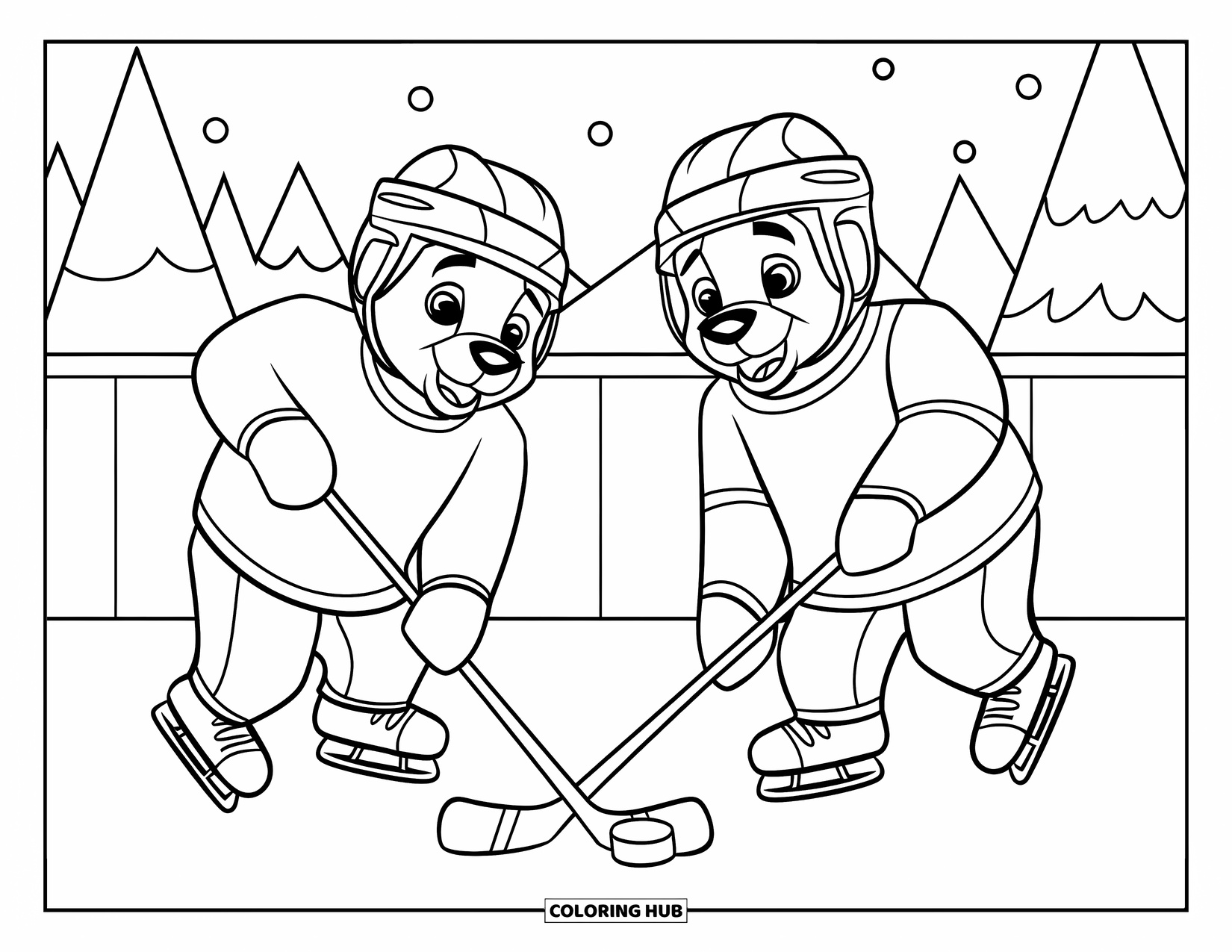Hockey Coloring Page for Kids: Two polar bears skate and play hockey surrounded by snow-covered trees