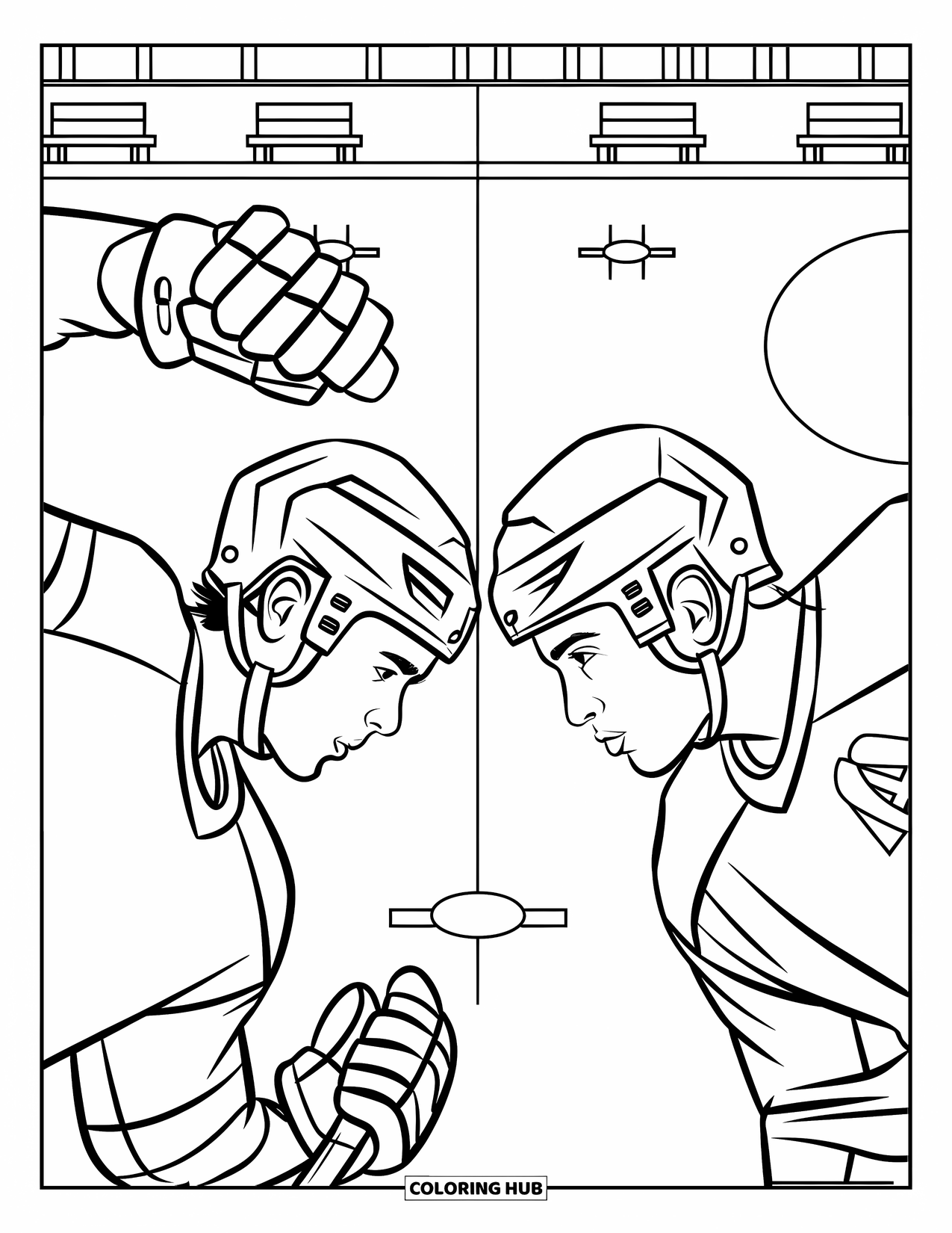 Hockey Coloring Page for Kids: Two teen players face off on the rink, hands raised and eyes locked