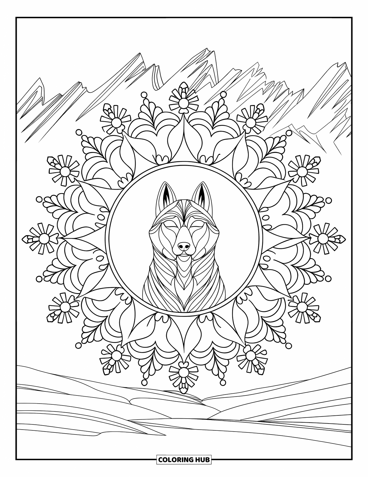 Husky Coloring Page for Adults: A calm husky with closed eyes sits in a snowy mountain scene within a snowflake mandala