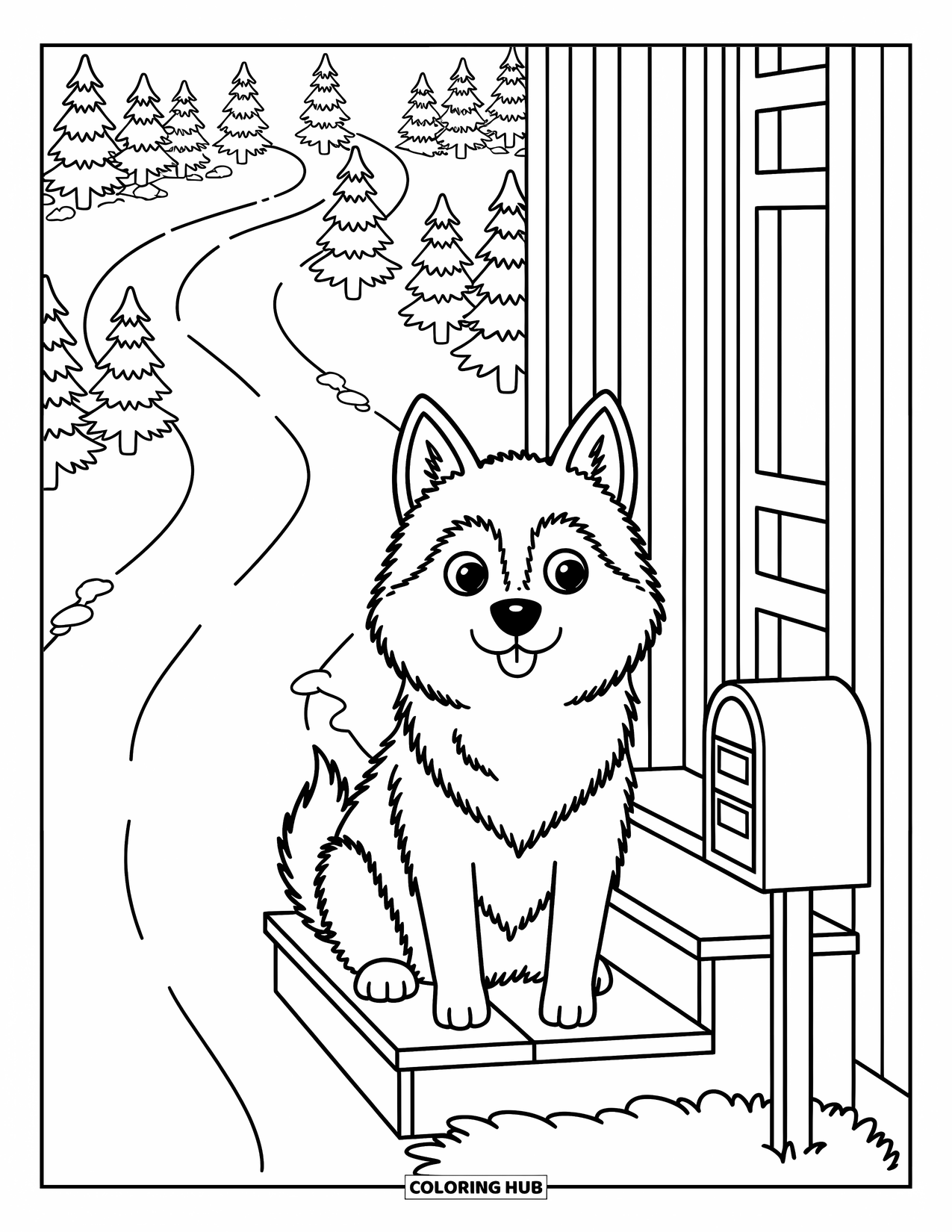 Husky Coloring Page for Adults: A cheerful husky sits on a porch with snow-covered trees and a tiny mailbox nearby