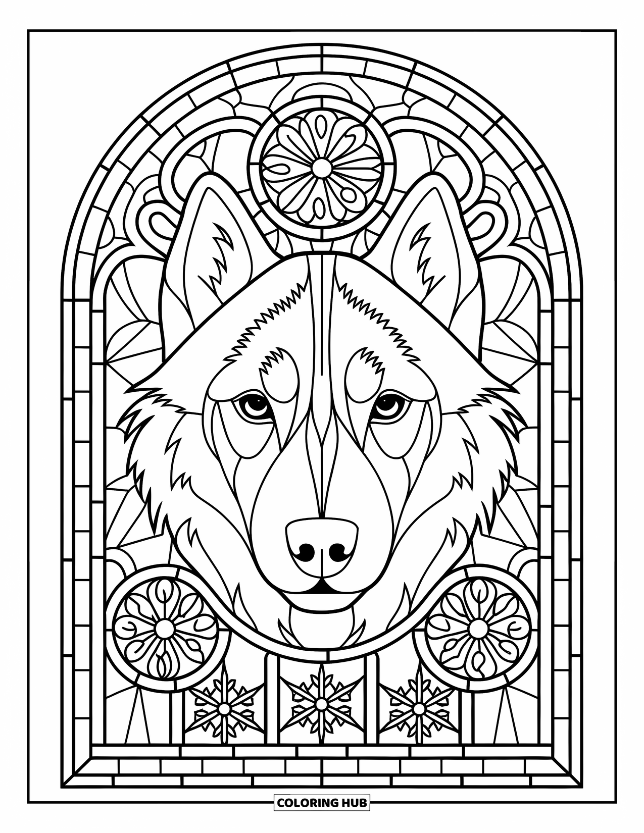 Husky Coloring Page for Adults: A close-up husky face rests in a window of flowers and snowflake designs