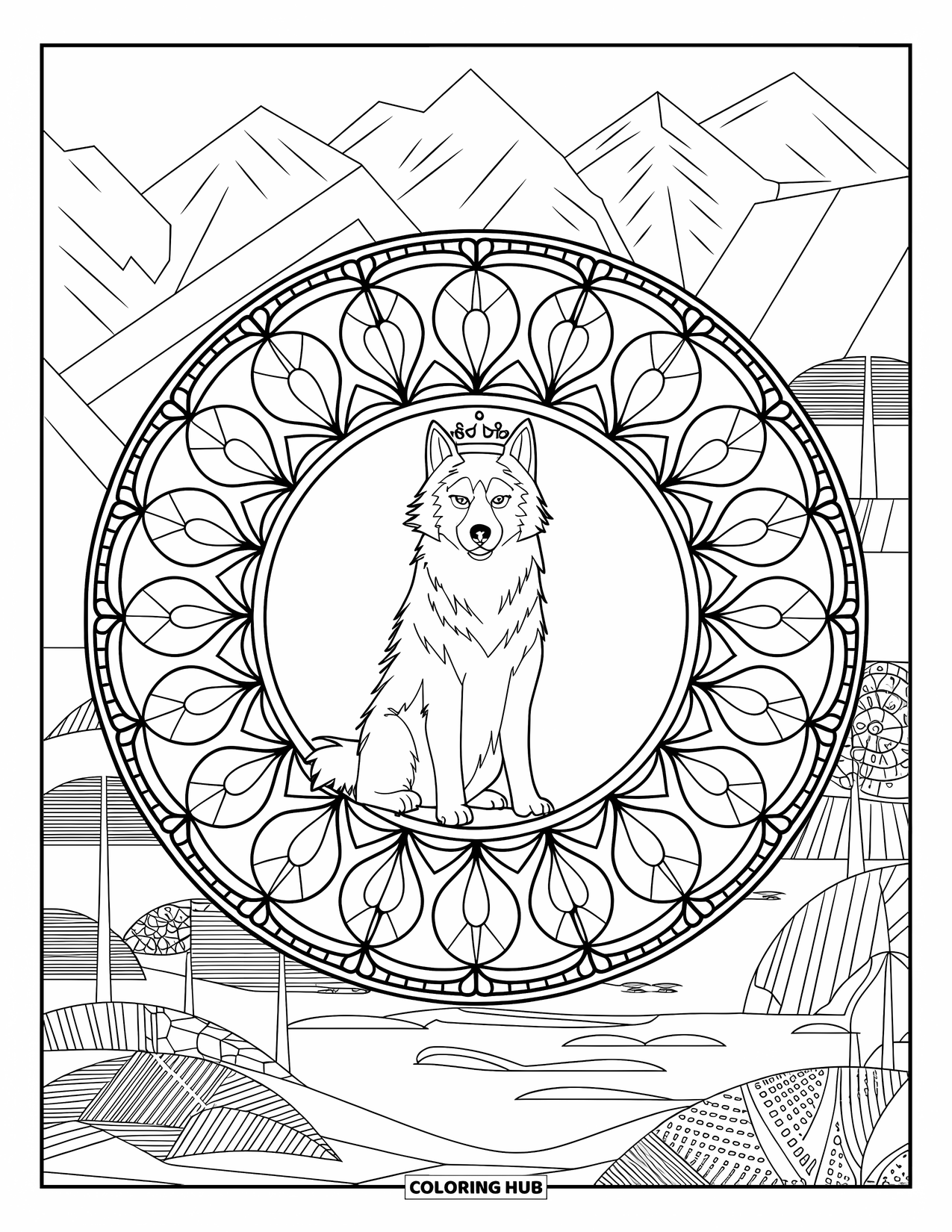 Husky Coloring Page for Adults: A crowned husky sits in a floral mandala surrounded by a peaceful natural landscape