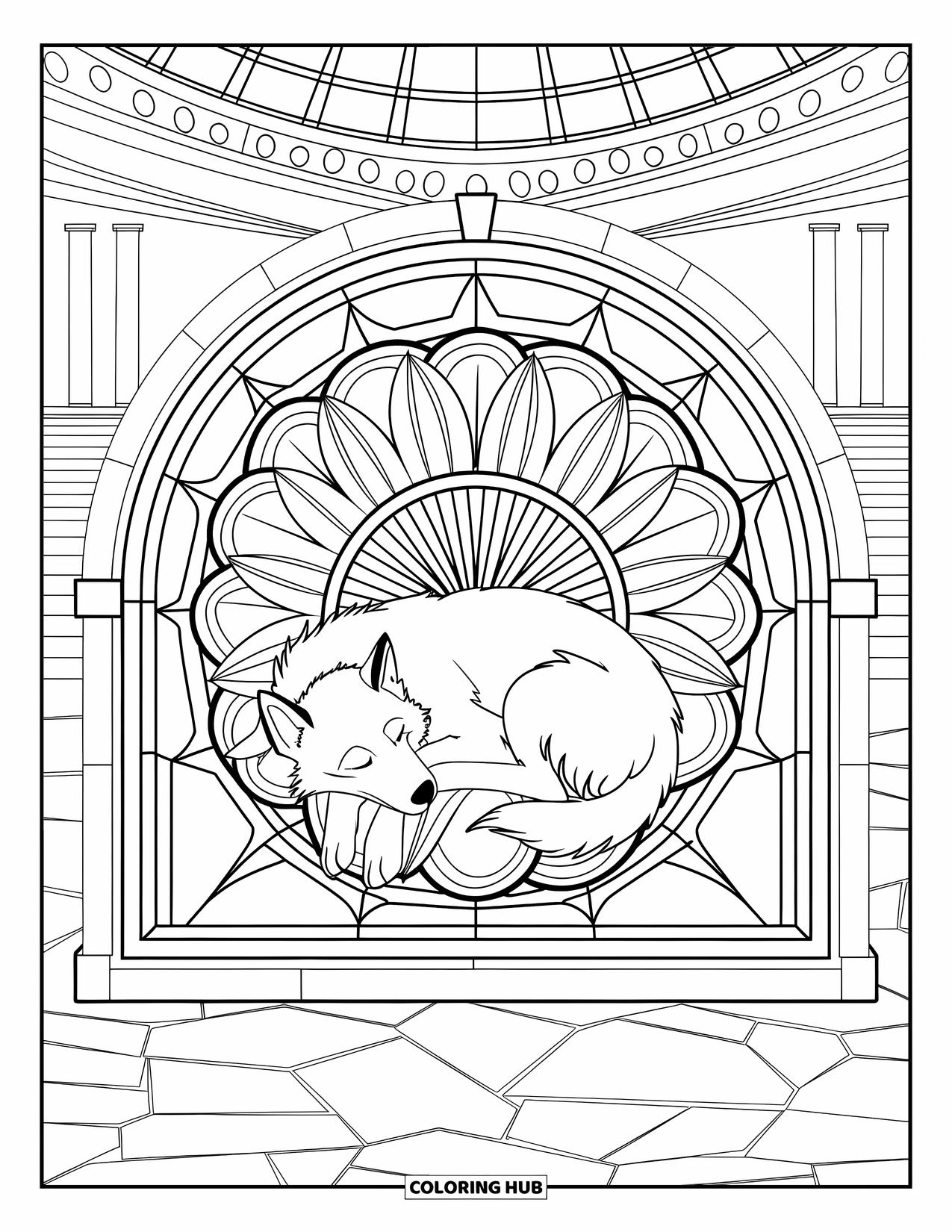 Husky Coloring Page for Adults: A curled husky lies under a rose window arch in a peaceful, open stone hall