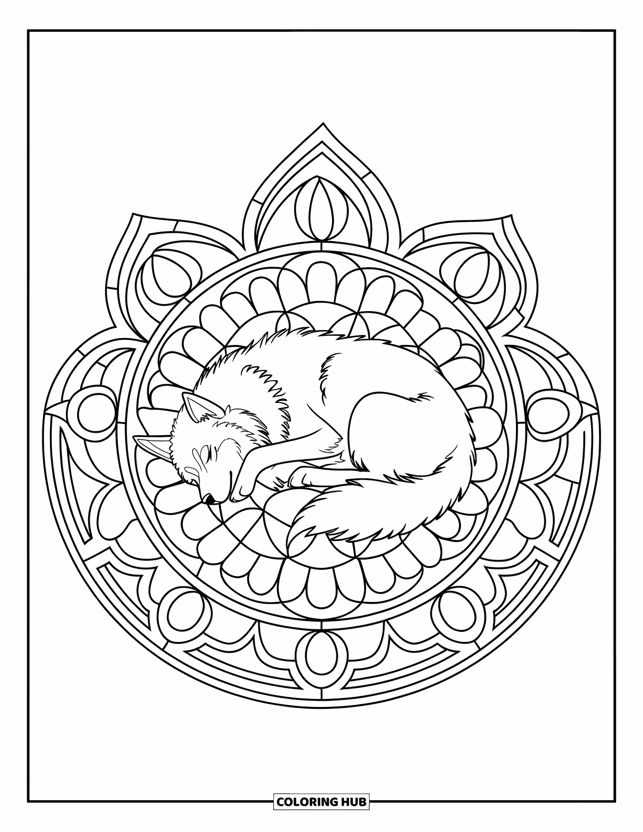 Husky Coloring Page for Adults: A curled-up husky sleeps peacefully inside a rose window filled with artistic patterns