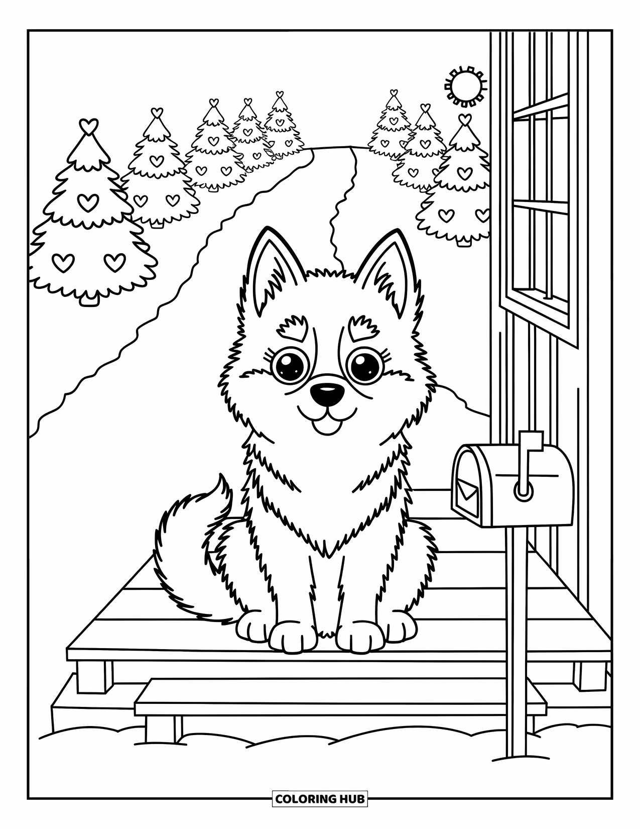 Husky Coloring Page for Adults: A fluffy husky with big eyes sits on a porch overlooking snowy pines and a small mailbox