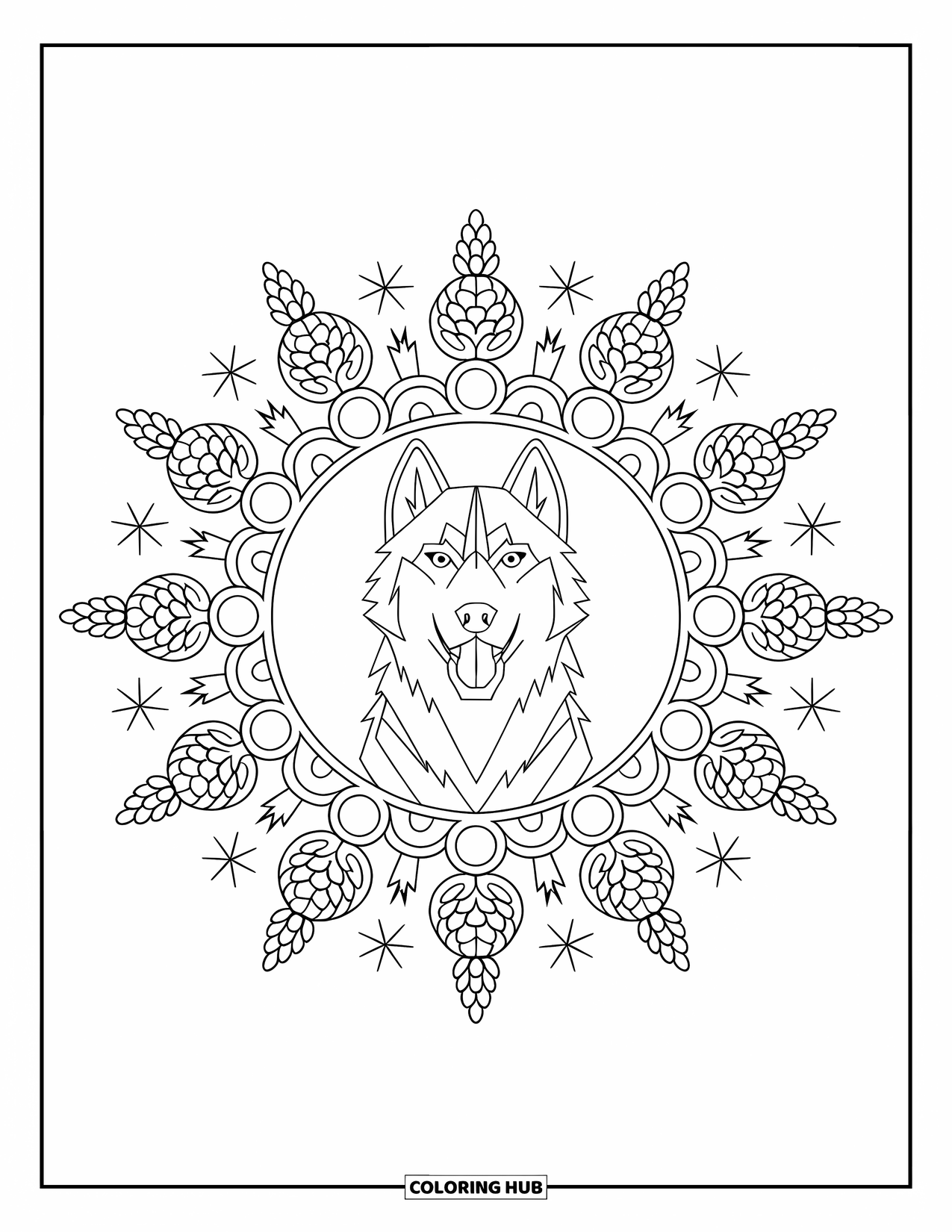 Husky Coloring Page for Adults: A front-facing howling husky is surrounded by stars, pine cones, and swirling patterns