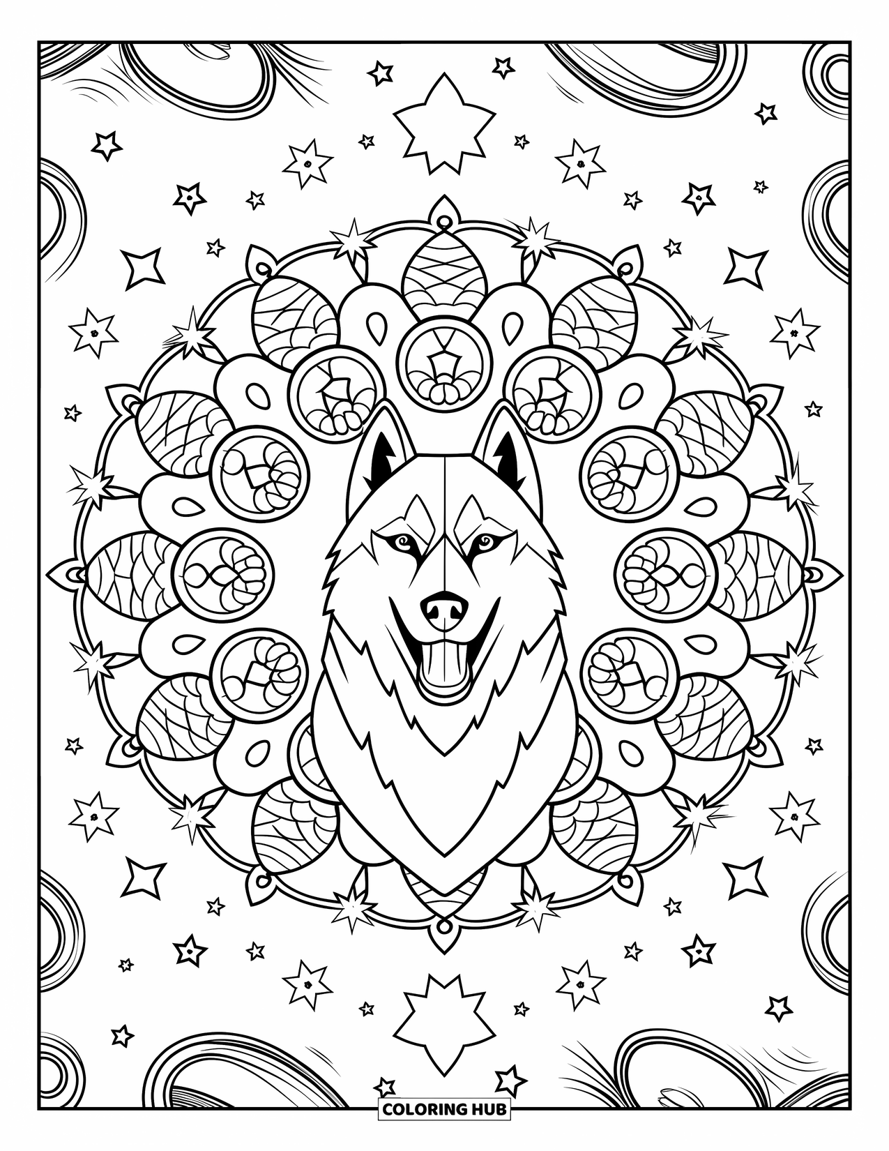 Husky Coloring Page for Adults: A front-facing husky howls in a mandala filled with pine cones, stars, and swirls