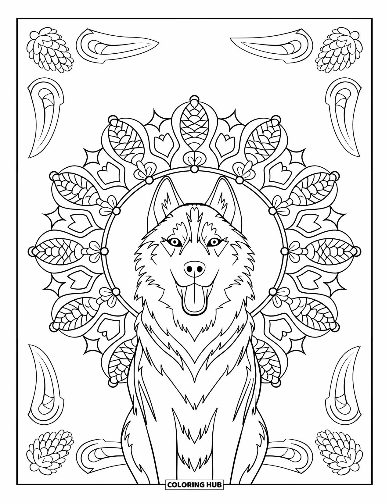 Husky Coloring Page for Adults: A howling husky is framed by pine cones, stars, and swirling decorative patterns