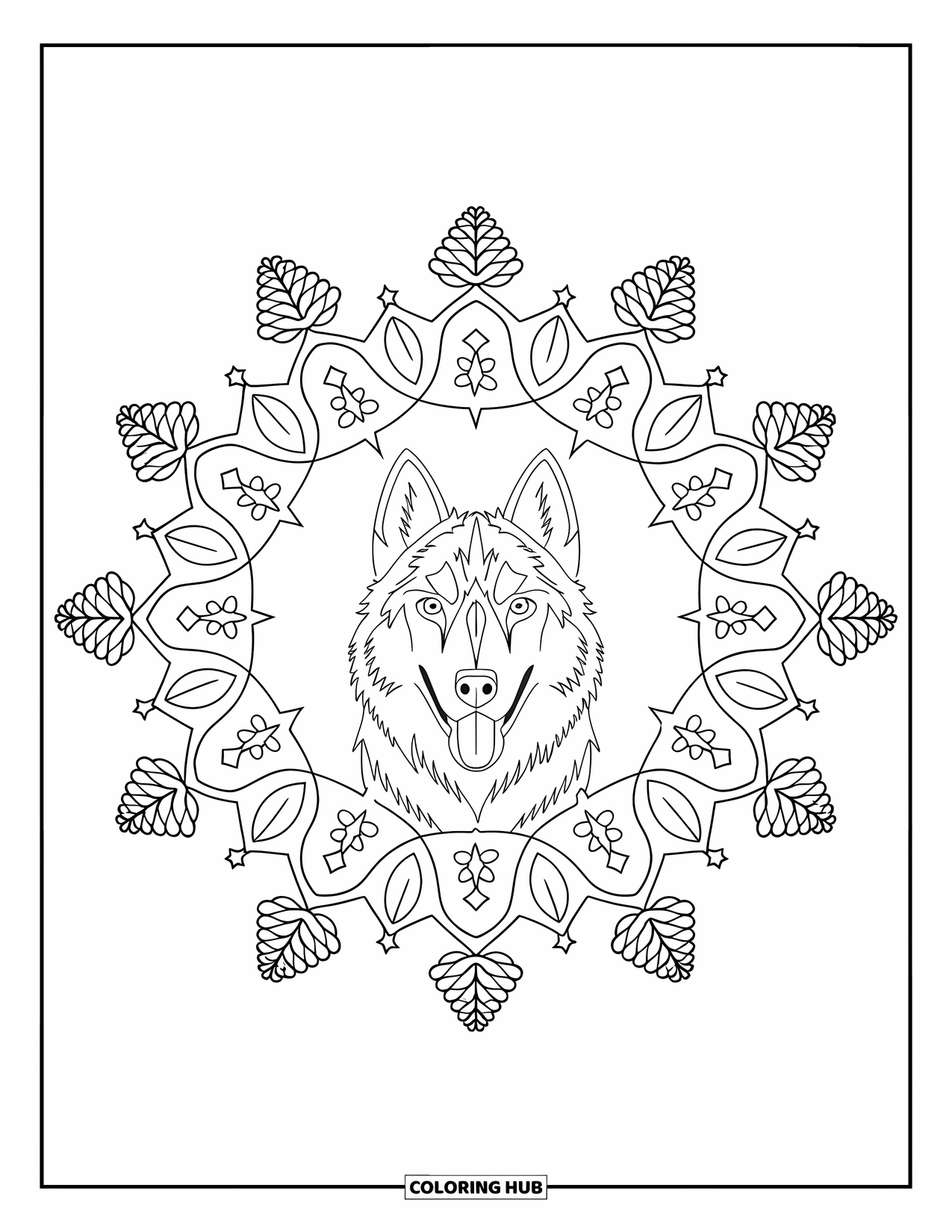 Husky Coloring Page for Adults: A howling husky sits in the center of a mandala made of pine cones and stars