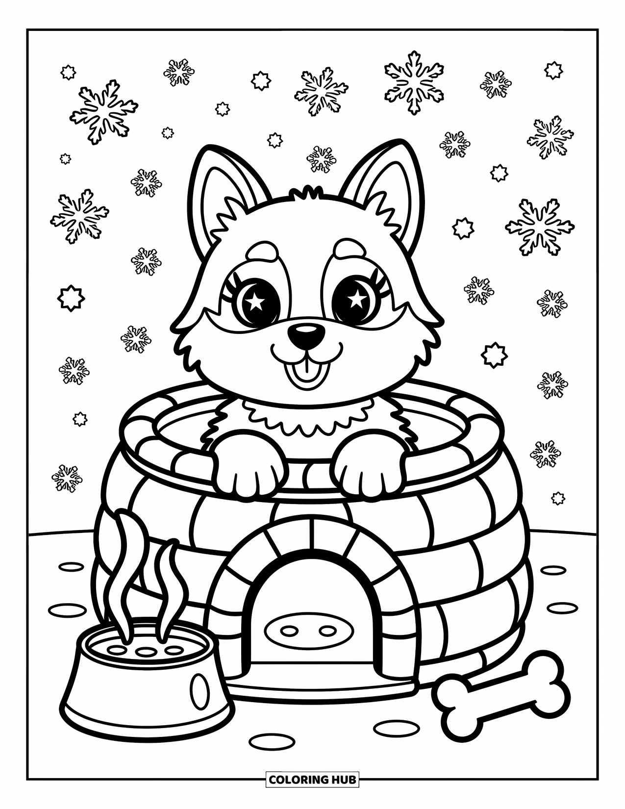 Husky Coloring Page for Adults: A husky inside an igloo gazes up sweetly with snowflakes, a bowl, and a nearby bone