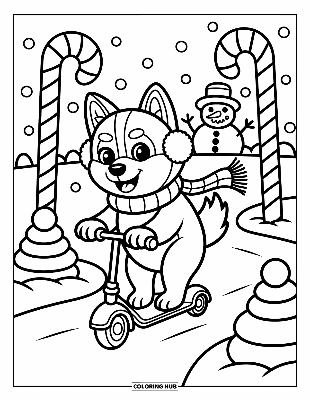 Husky Coloring Page for Adults: A husky joyfully rides a scooter in snow, passing signs and snowballs with a waving snowman