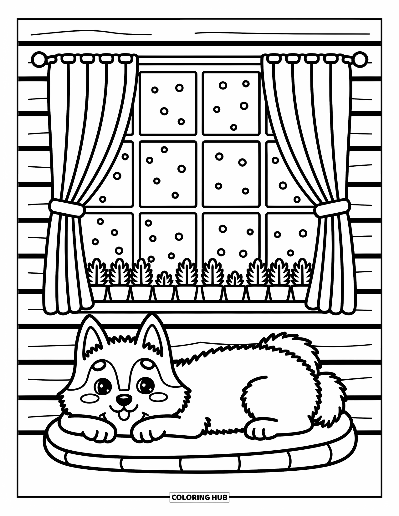Husky Coloring Page for Adults: A husky rests on a cushion inside a cozy cabin with snow falling outside the window