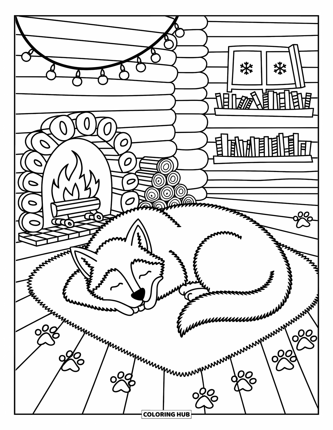 Husky Coloring Page for Adults: A husky shaped like a heart naps on a rug with books, lights, and snowy window paw prints