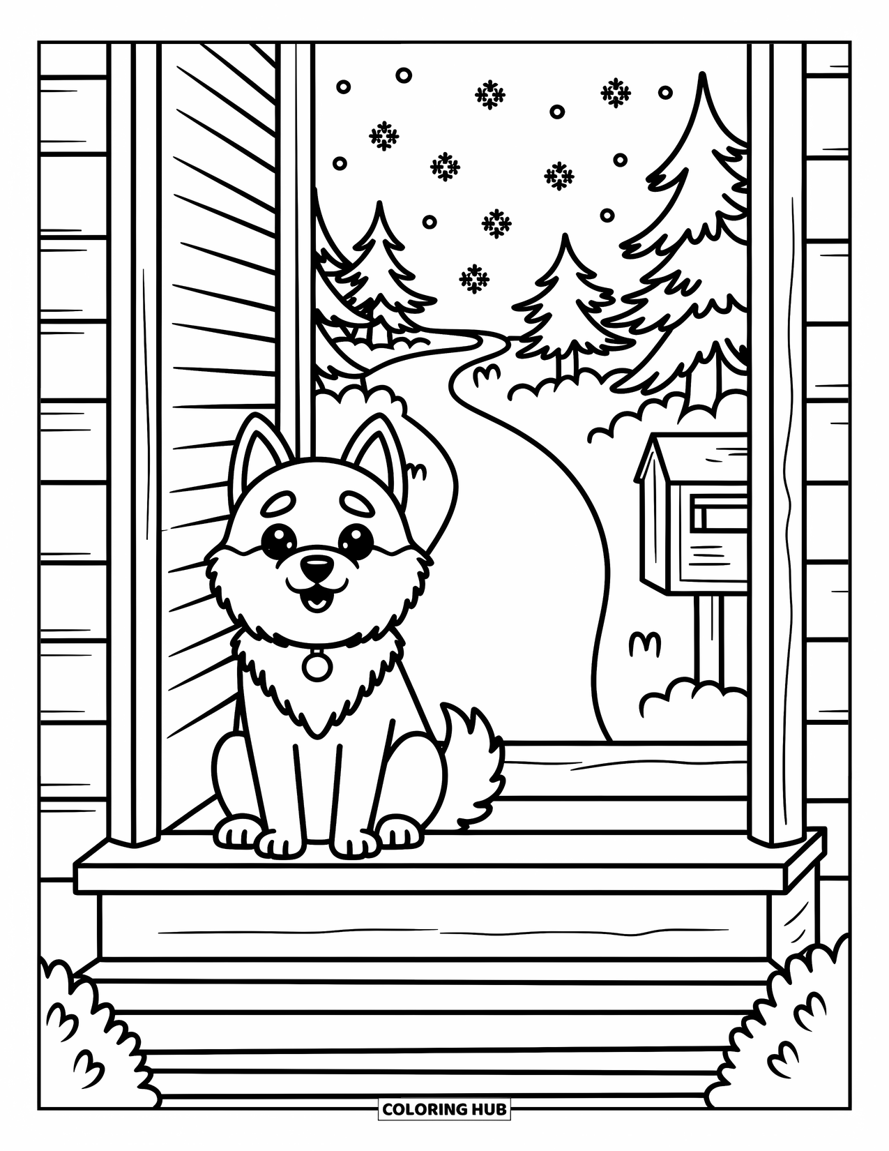 Husky Coloring Page for Adults: A husky smiles from a porch with trees, snow, and miniature snowflake and pinecone details