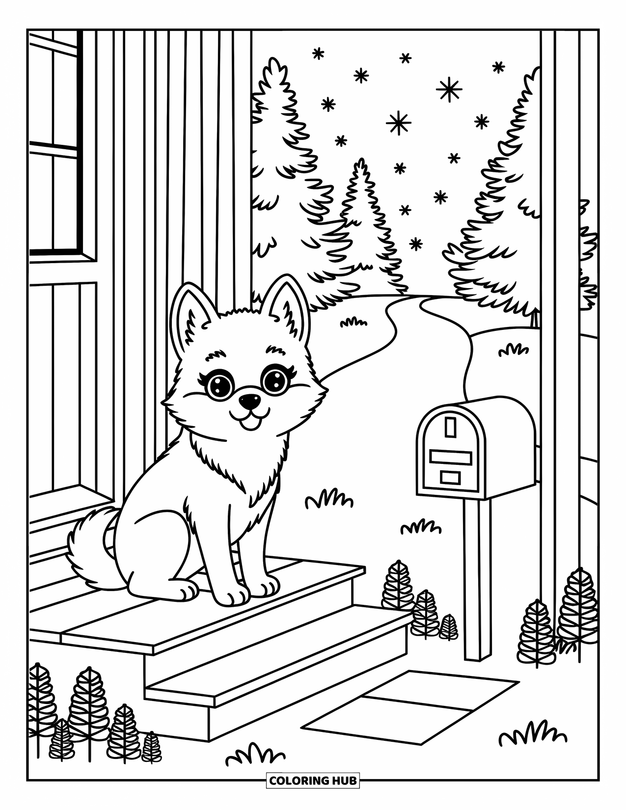 Husky Coloring Page for Adults: A husky with a cozy vibe sits on a porch, watching snow and tiny pine trees along a path