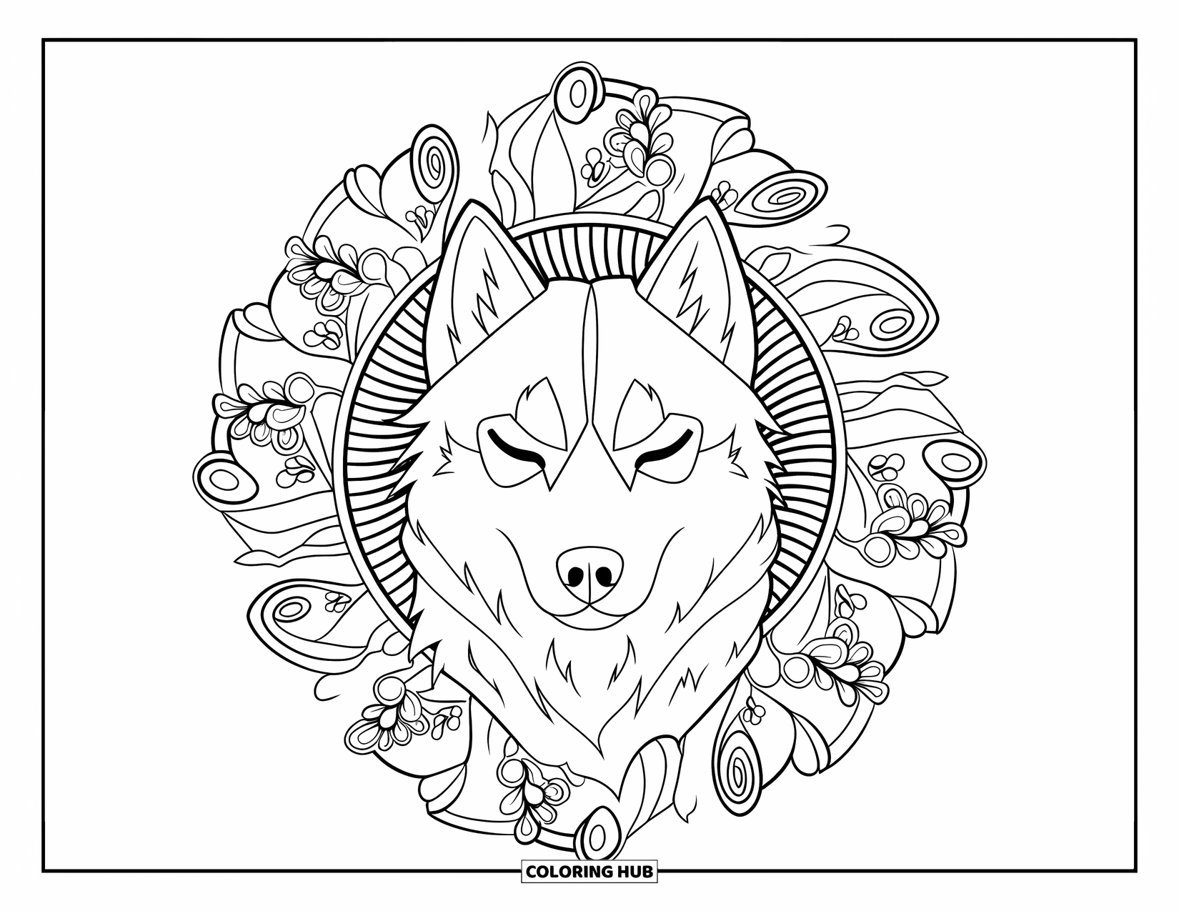 Husky Coloring Page for Adults: A husky with closed eyes rests inside a mandala with spirals and mountain shapes