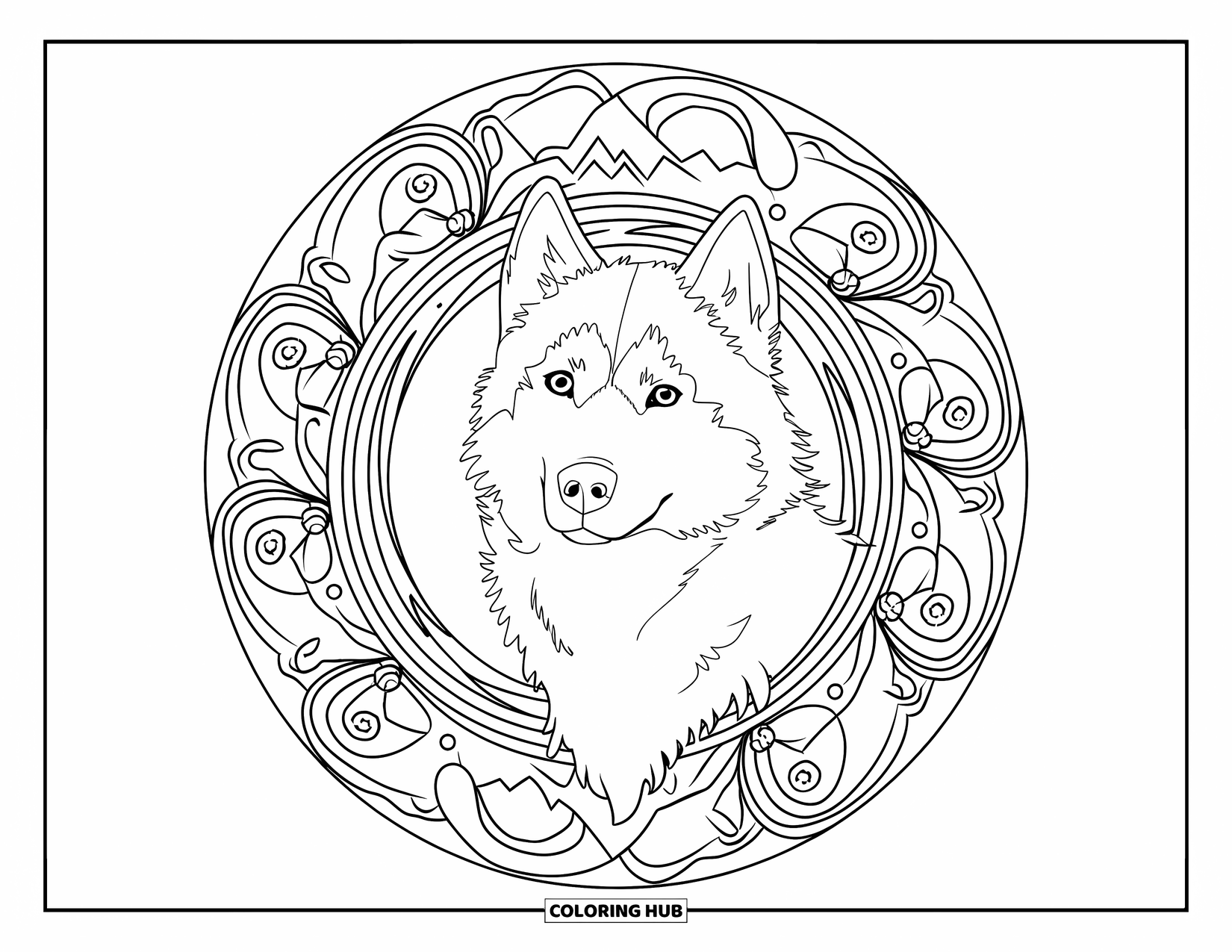 Husky Coloring Page for Adults: A husky with its head lifted stands inside a mandala of spirals and mountain motifs