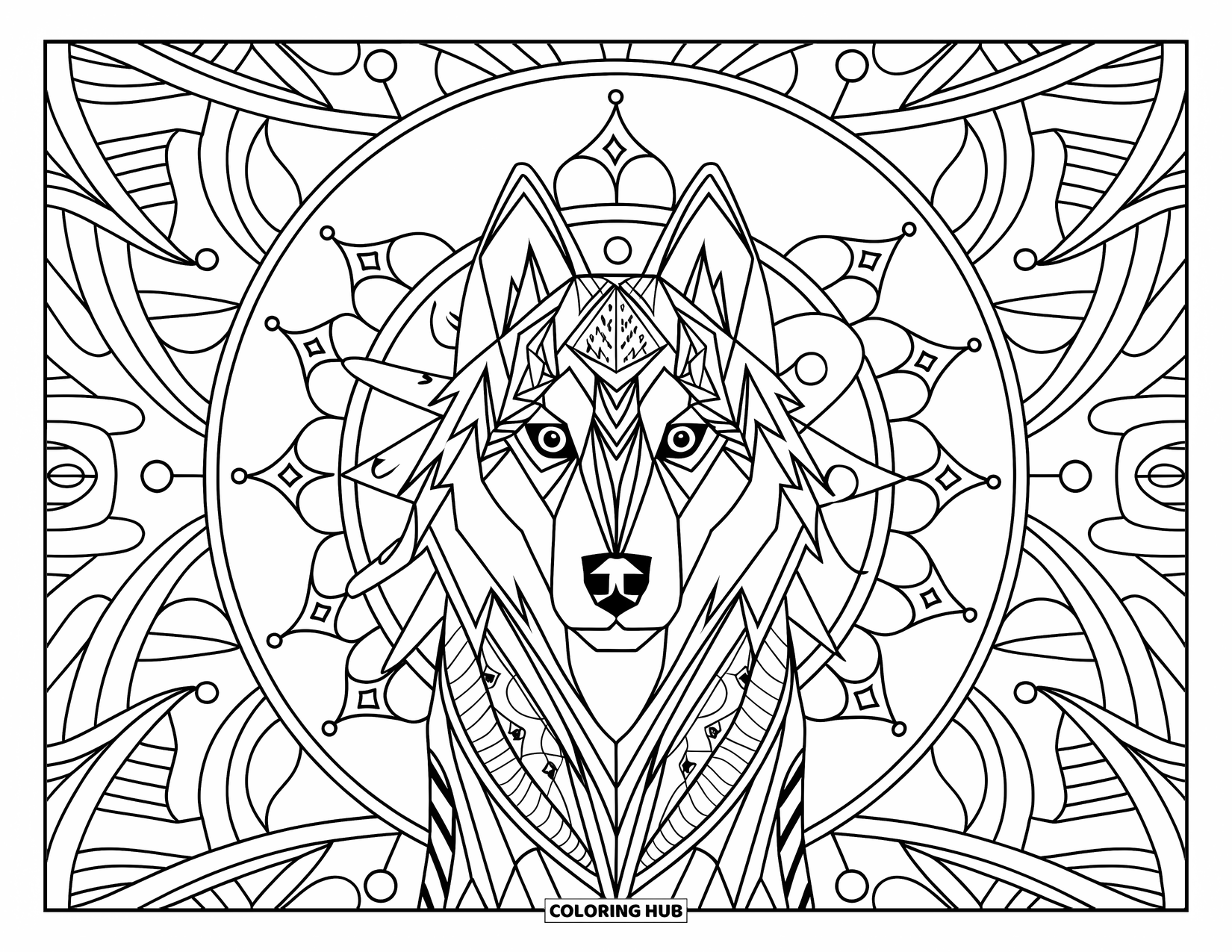 Husky Coloring Page for Adults: A husky with sharp eyes lies at the center of a nature-themed mandala