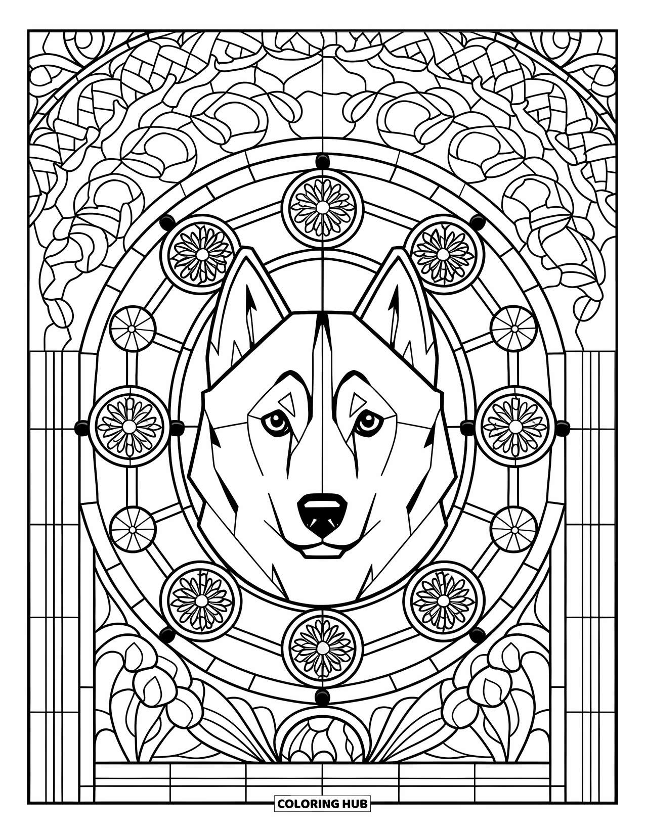 Husky Coloring Page for Adults: A husky's face appears in a stained glass window with snowflakes and floral patterns
