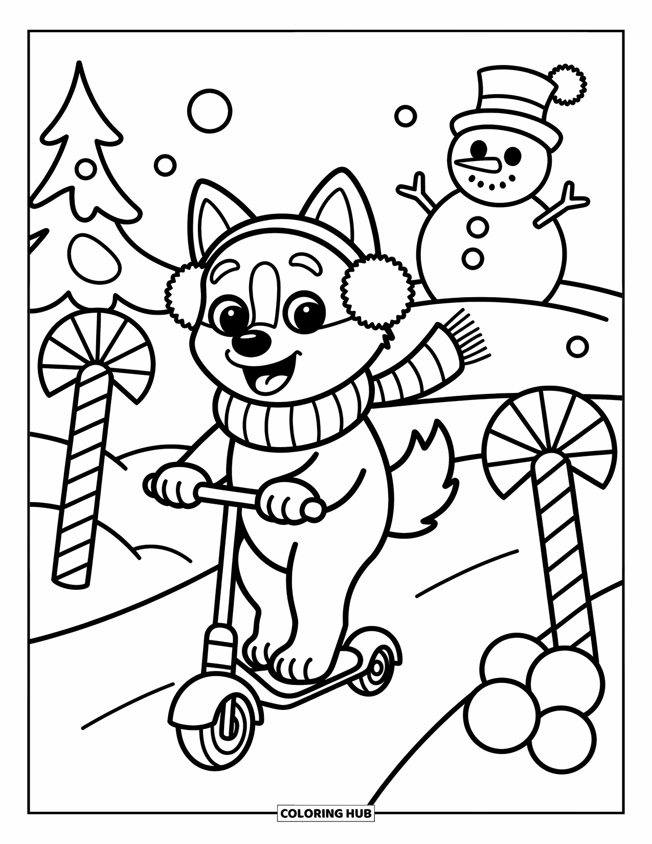 Husky Coloring Page for Adults: A joyful husky in scarf and earmuffs scoots past snowballs and signs with a smiling snowman