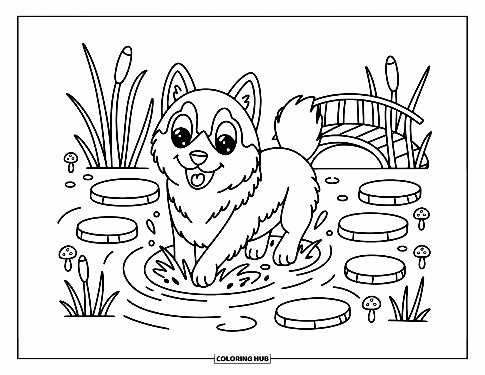 Husky Coloring Page for Adults: A joyful husky splashes in a stream with expressive eyes, stepping stones, and tiny mushrooms
