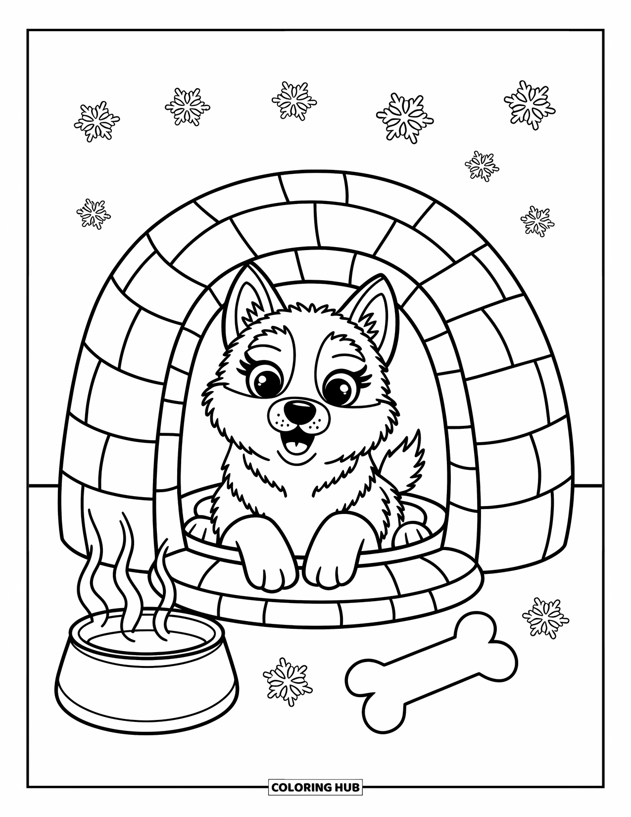 Husky Coloring Page for Adults: A kawaii husky peeks out from an igloo with playful food items and falling snow