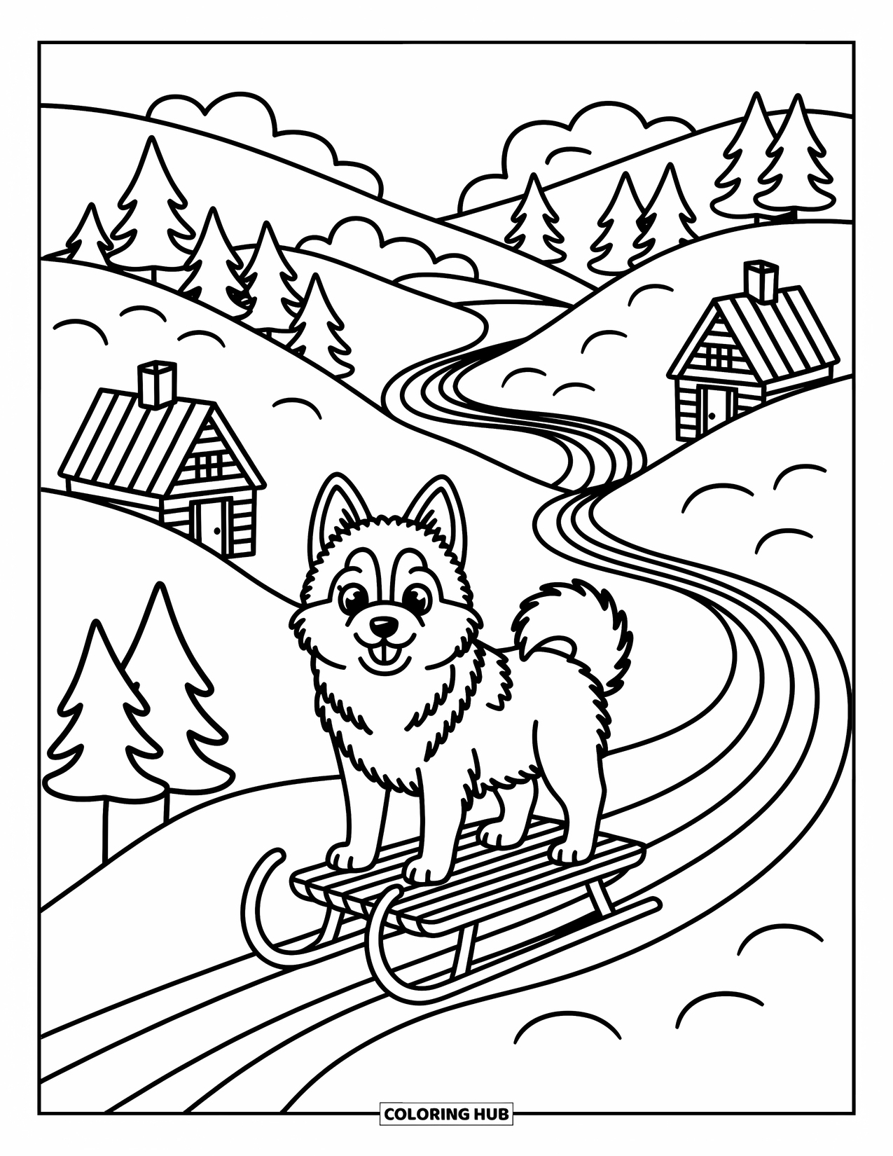 Husky Coloring Page for Adults: A proud husky poses by a sled on a snowy slope above a valley of cabins and winding tracks