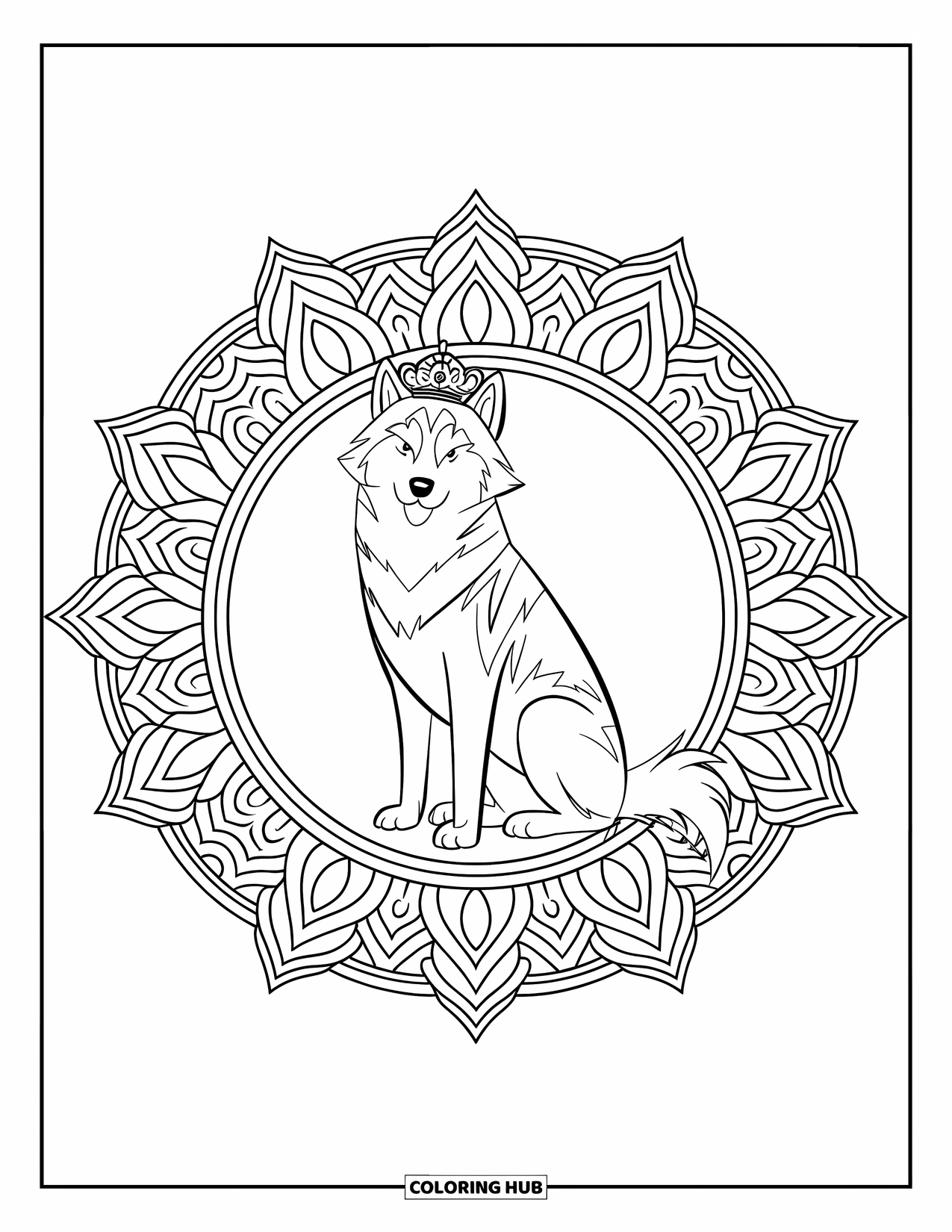 Husky Coloring Page for Adults: A regal husky wearing a crown sits calmly in the center of a circular mandala