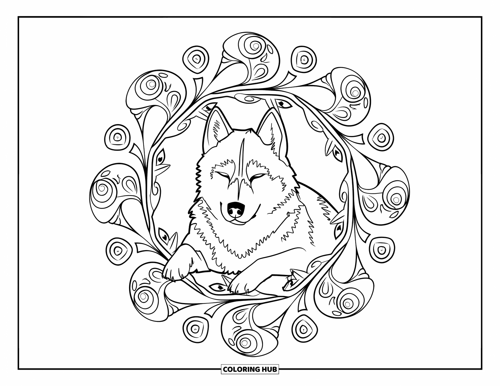 Husky Coloring Page for Adults: A relaxed husky lies within a mandala of loops, spirals, and scenic mountain elements