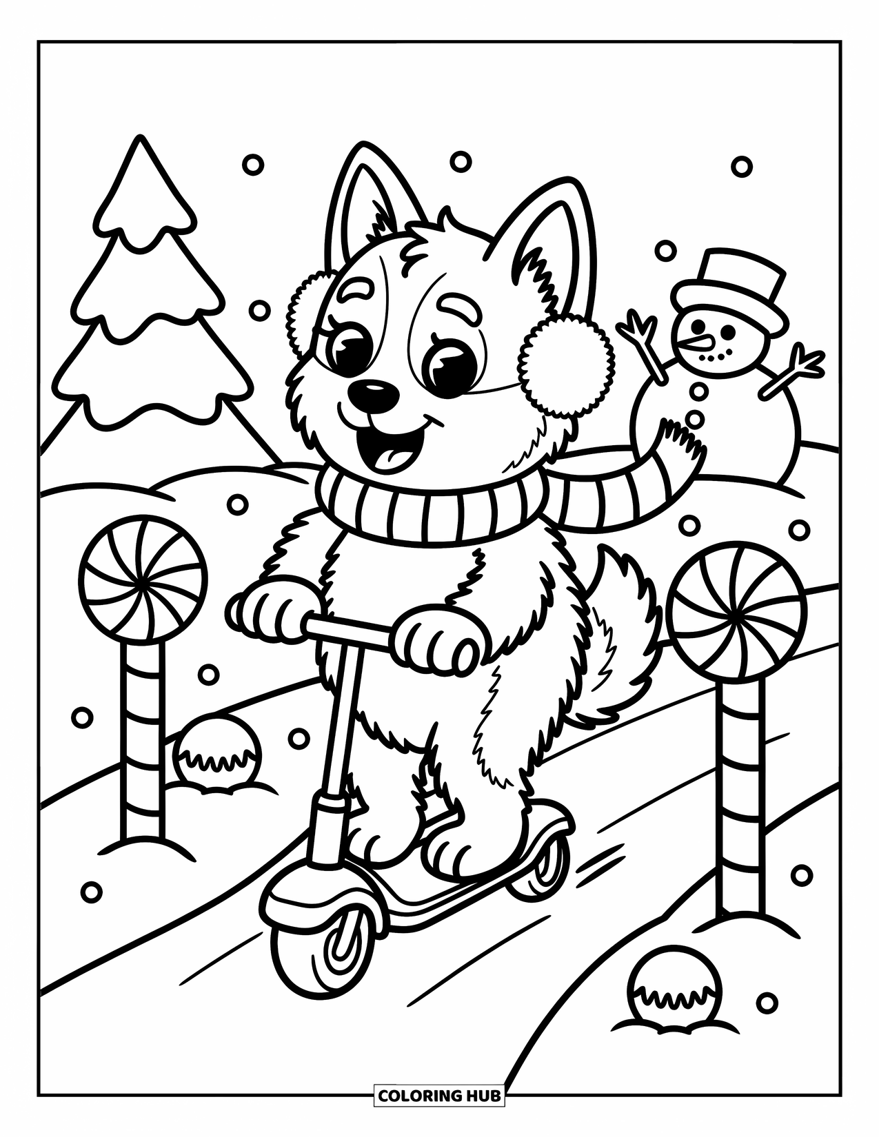 Husky Coloring Page for Adults: A scarfed husky on a scooter zips by candy signs, snowballs, and a happy snowman