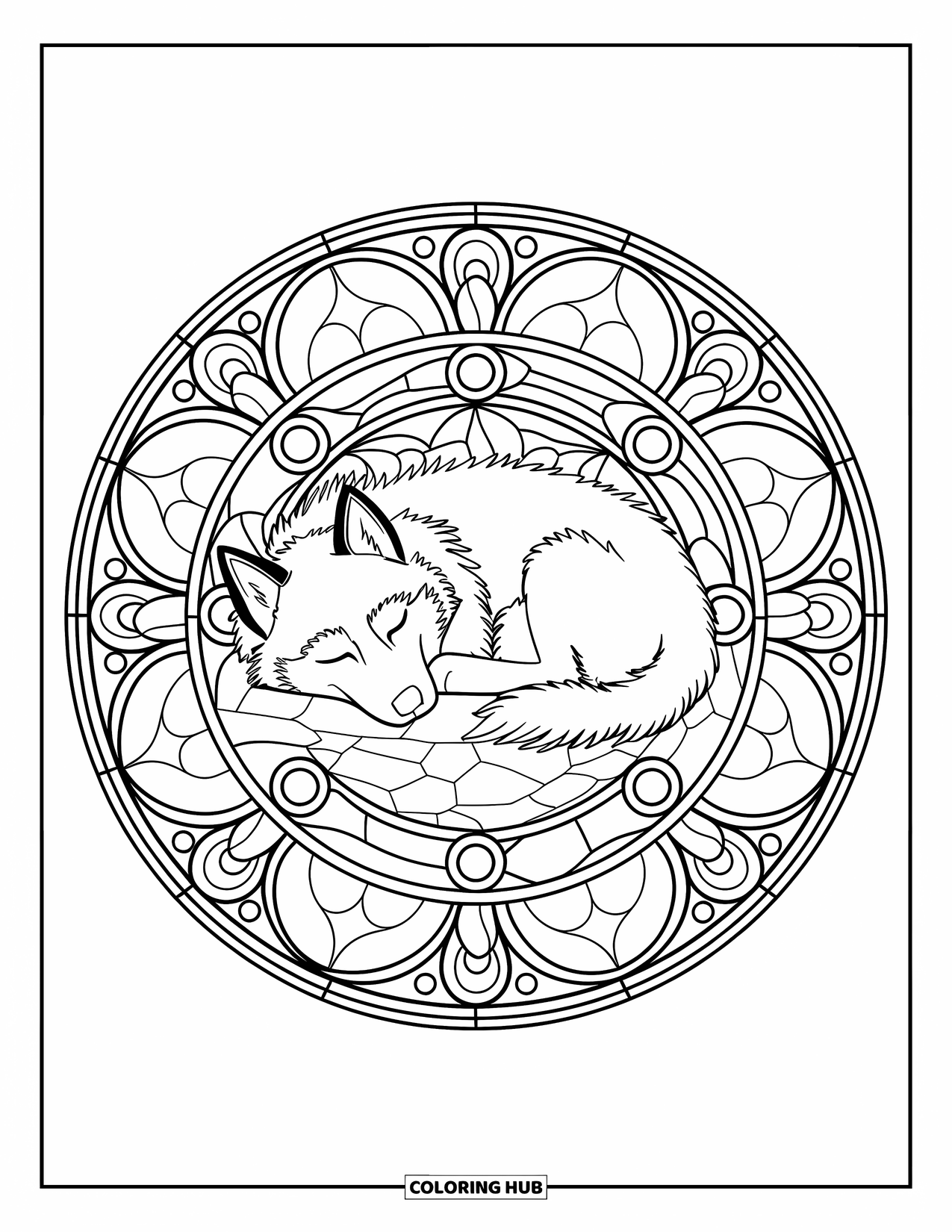 Husky Coloring Page for Adults: A sleeping husky curls up in the middle of a rose window-style stained glass design