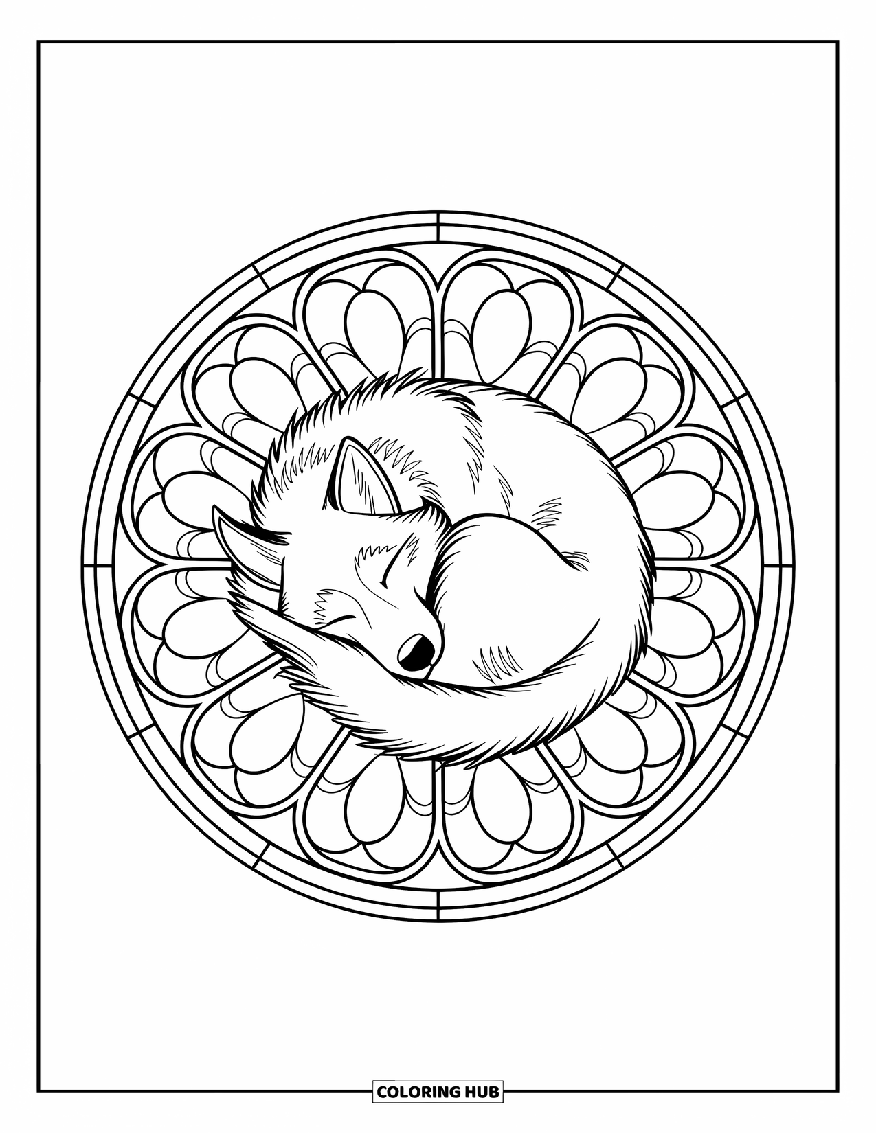 Husky Coloring Page for Adults: A sleeping husky rests at the heart of a delicate rose window design