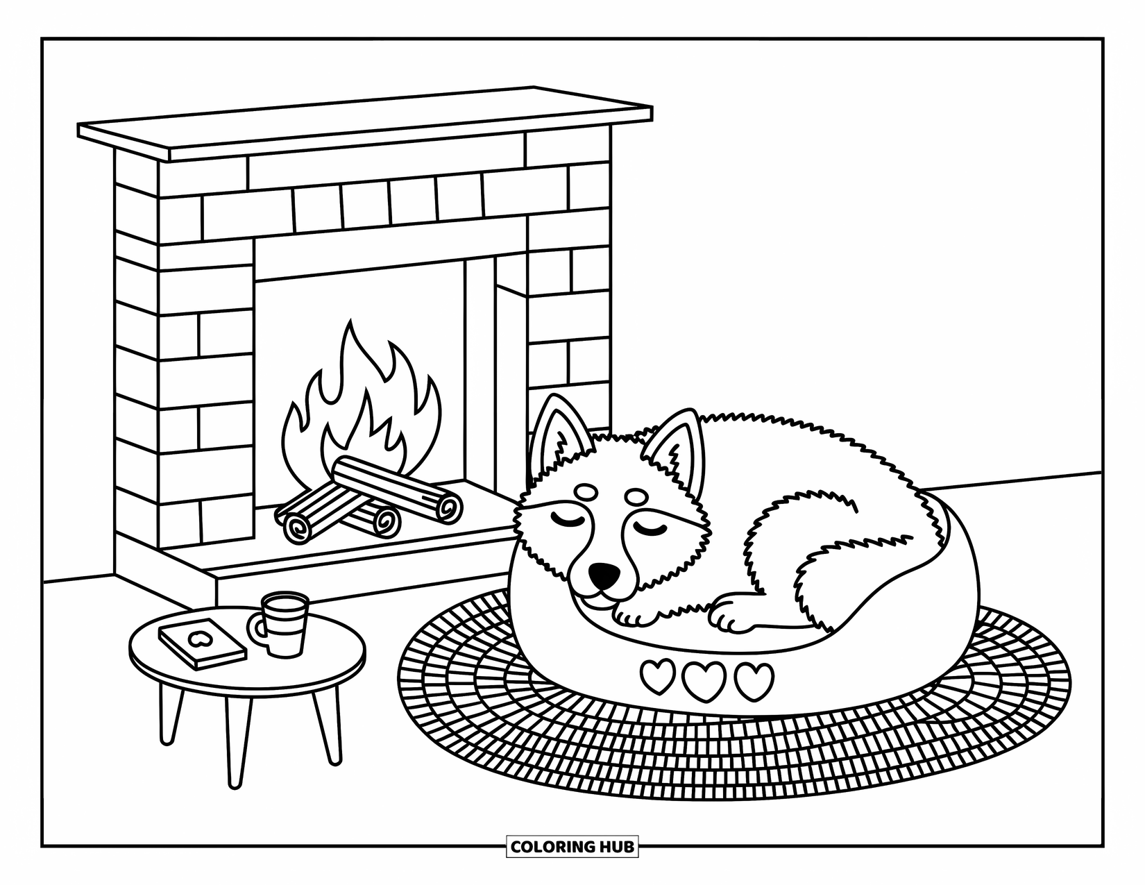 Husky Coloring Page for Adults: In a cozy black-and-white scene, a sleepy husky curls up in a kawaii dog bed beside a fireplace
