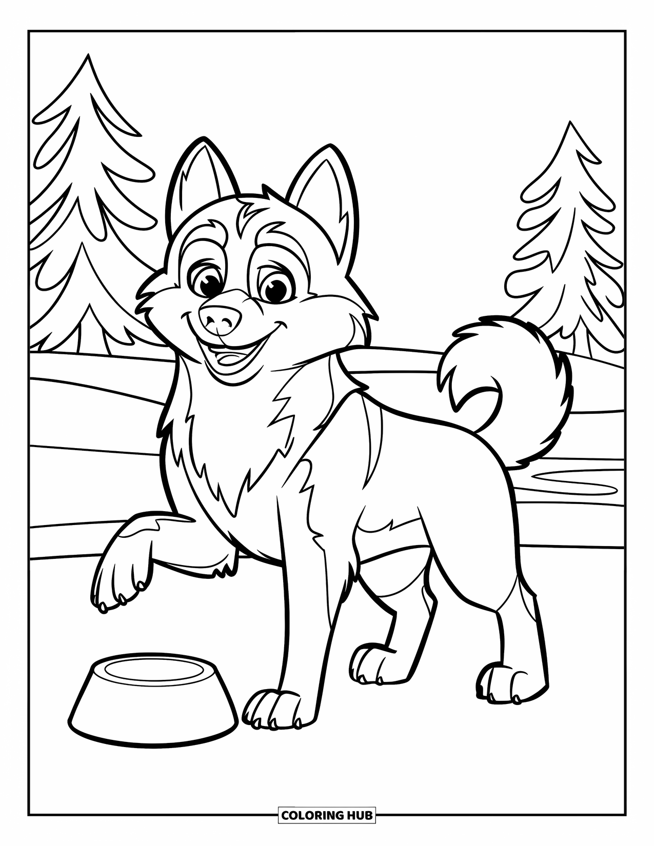 Husky Coloring Page for Kids: A cheerful husky lifts a paw next to an empty bowl in snowy woods