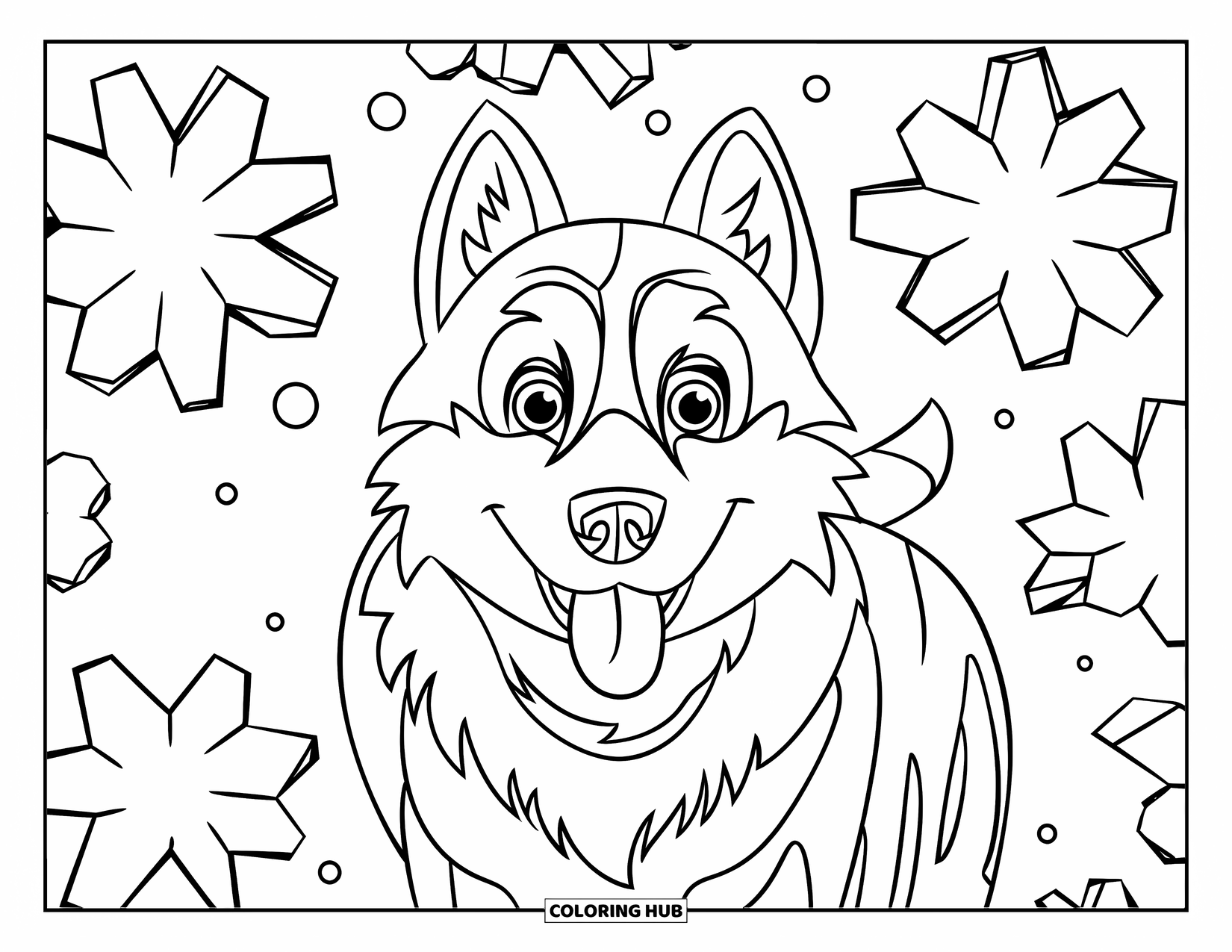 Husky Coloring Page for Kids: A cheerful husky with tongue out stands among star-shaped snowflakes