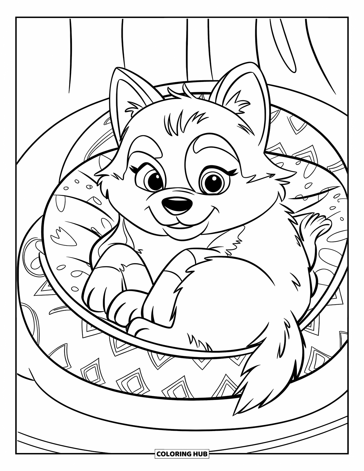 Husky Coloring Page for Kids: A chubby husky in a patterned bed rests in a simple background