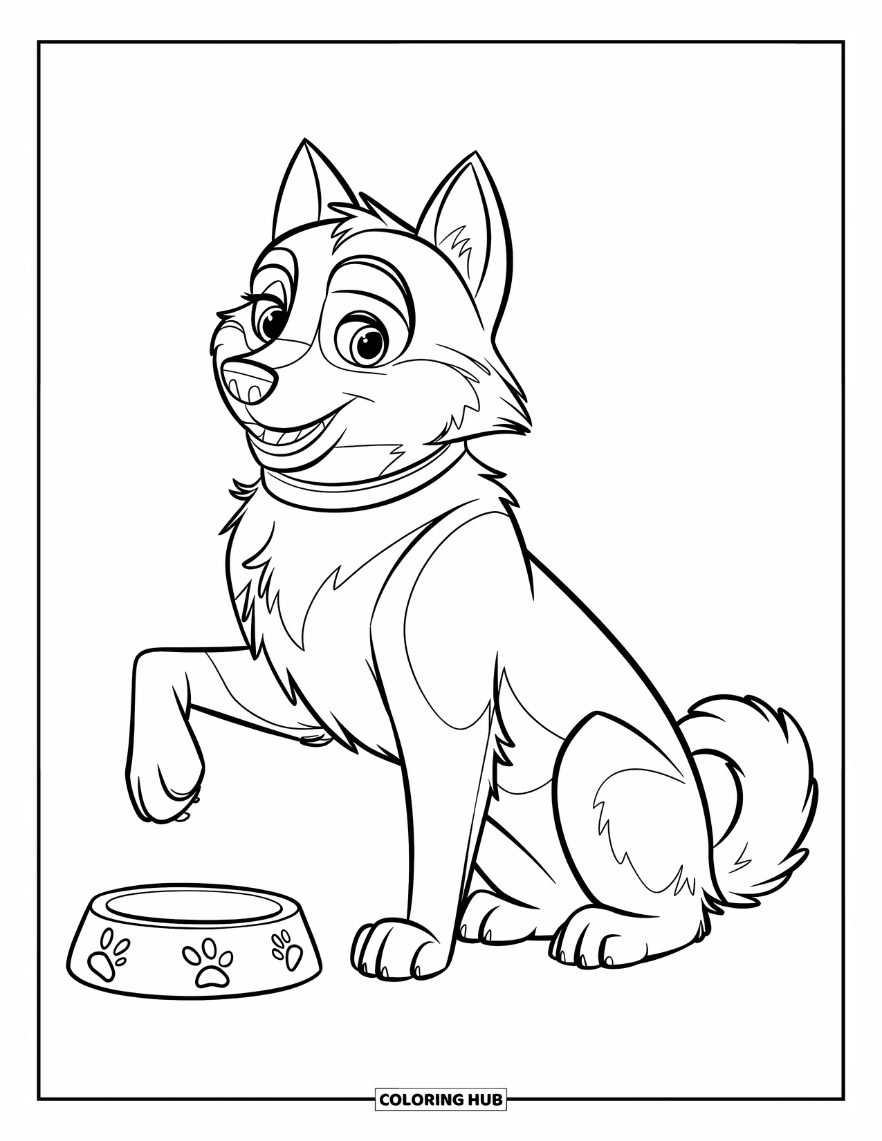 Husky Coloring Page for Kids: A collared husky with a leash lifts its paw near a bowl in a snowy scene