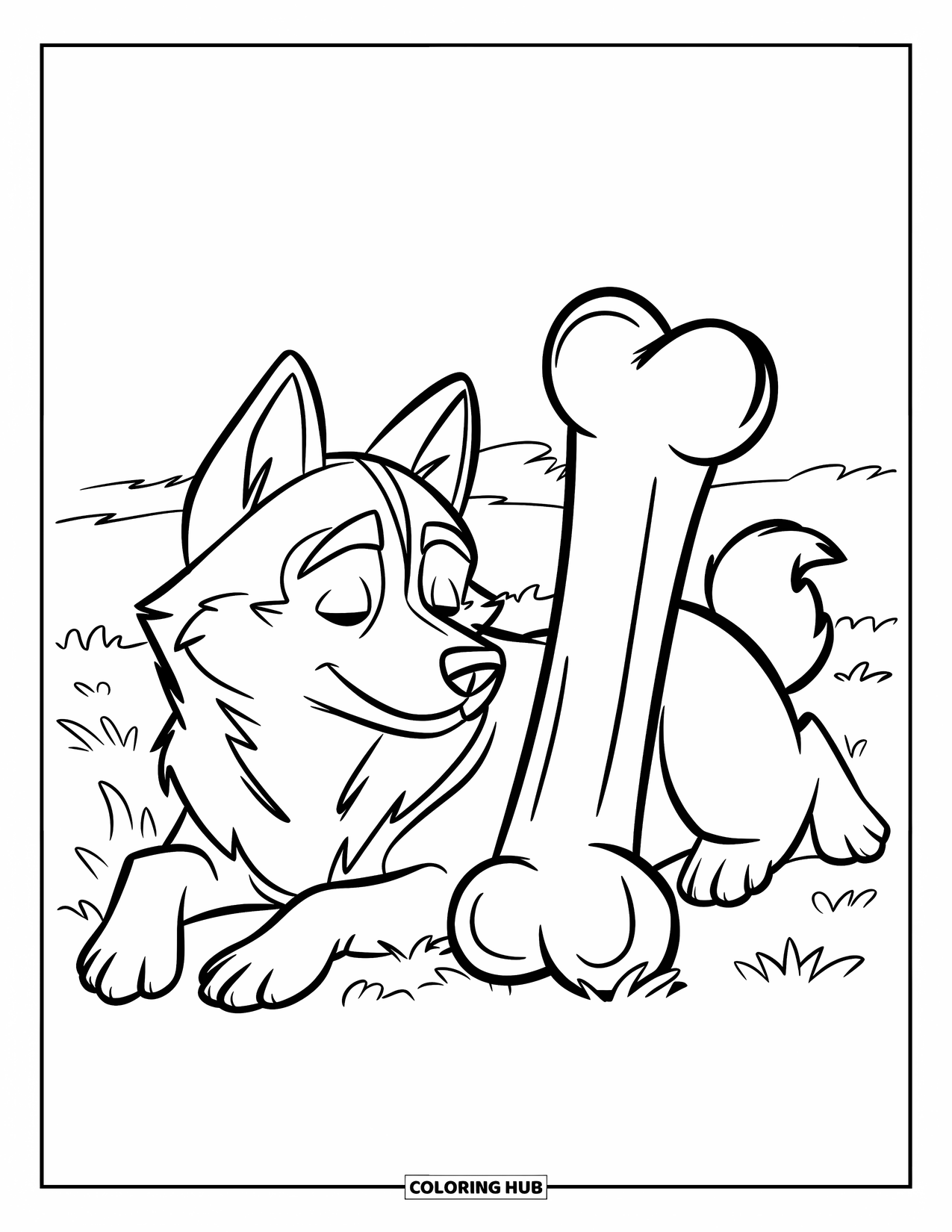 Husky Coloring Page for Kids: A content husky with eyes closed lies near a giant bone in a grassy field