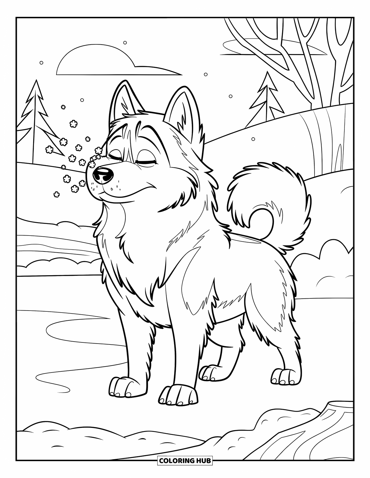 Husky Coloring Page for Kids: A fluffy husky catches falling snowflakes in a hilly winter landscape