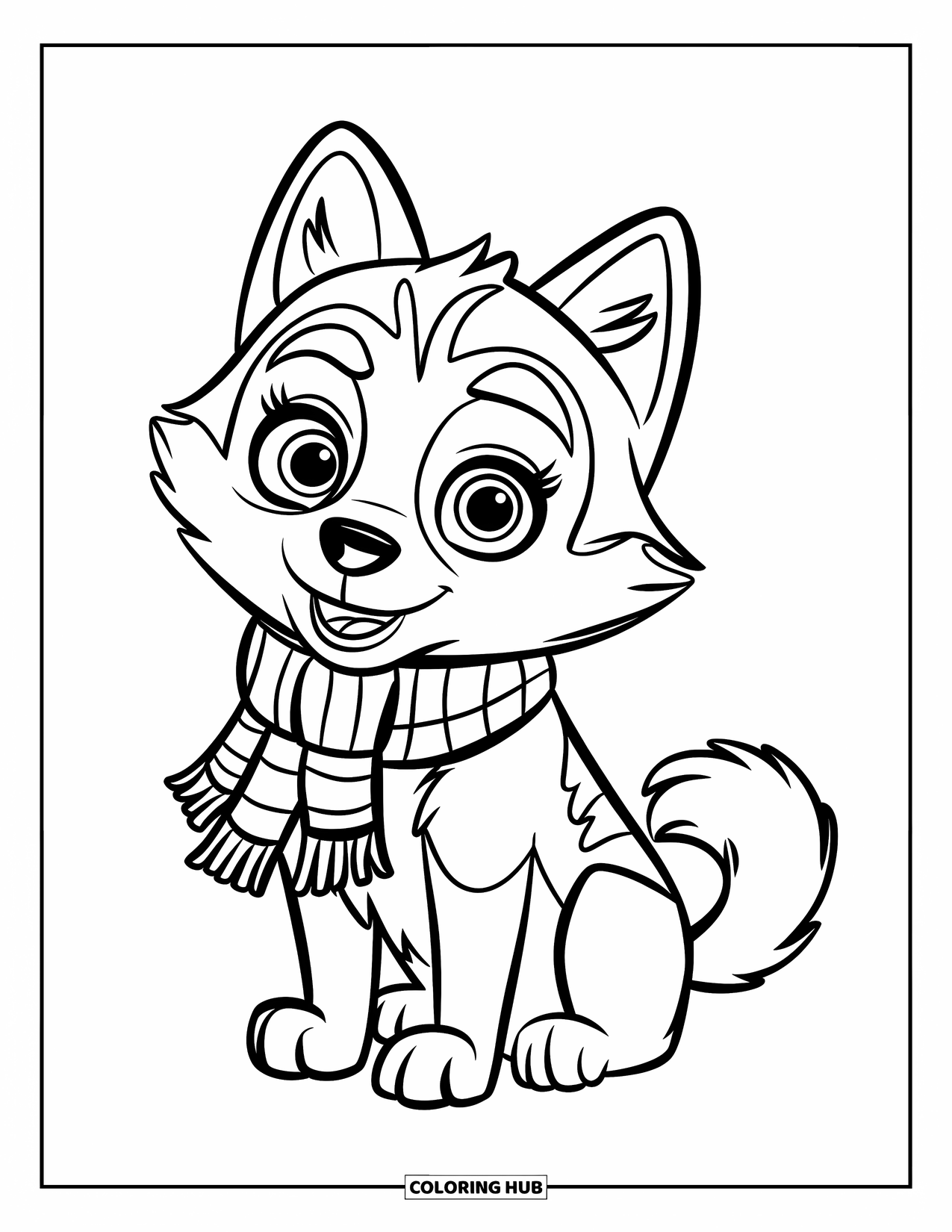 Husky Coloring Page for Kids: A fluffy husky in a scarf sits still on a snowy path
