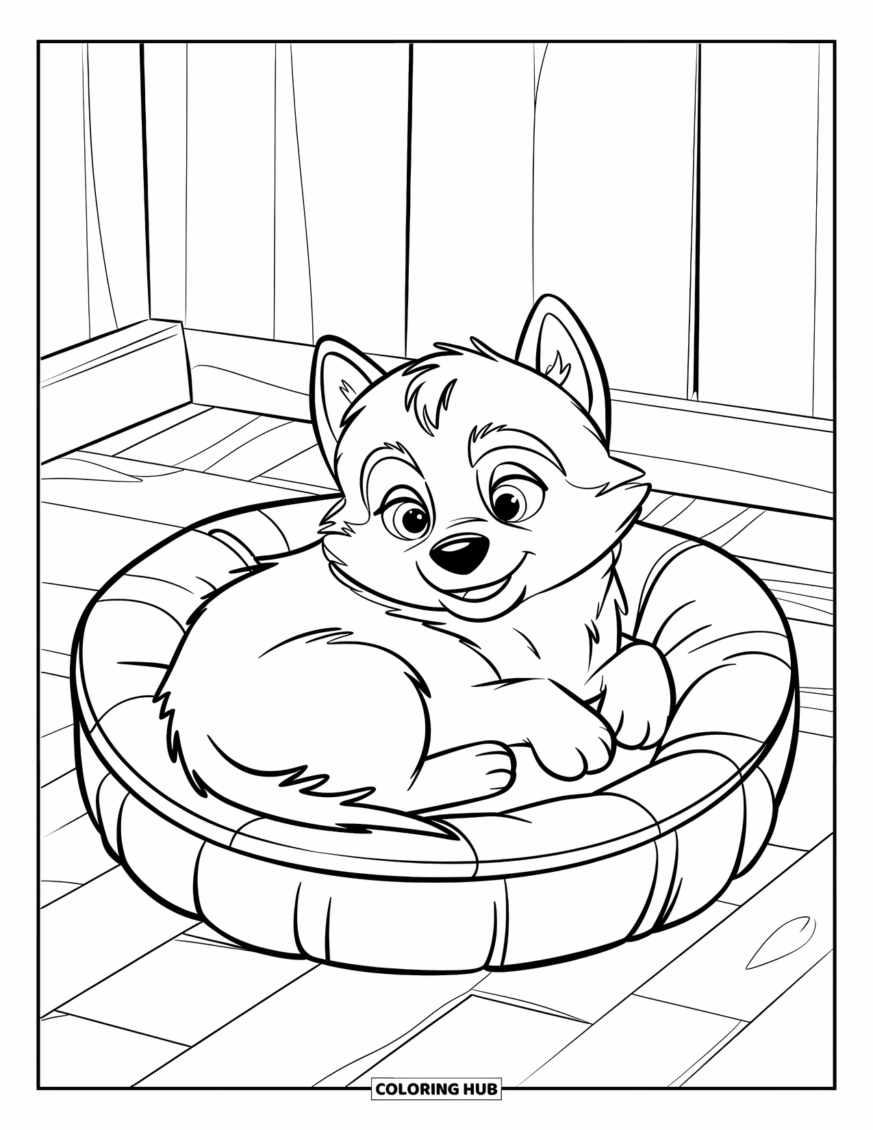 Husky Coloring Page for Kids: A fluffy husky puppy curls in a soft bed with bold lines for kids
