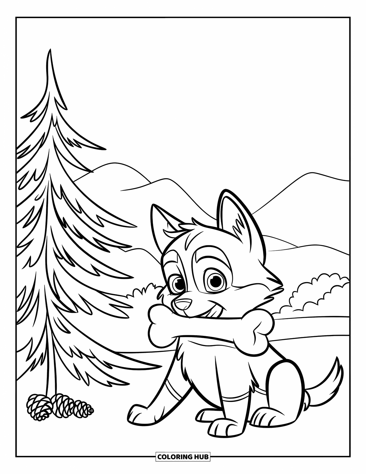 Husky Coloring Page for Kids: A fluffy husky puppy with blue eyes chews on a bone by a pine tree