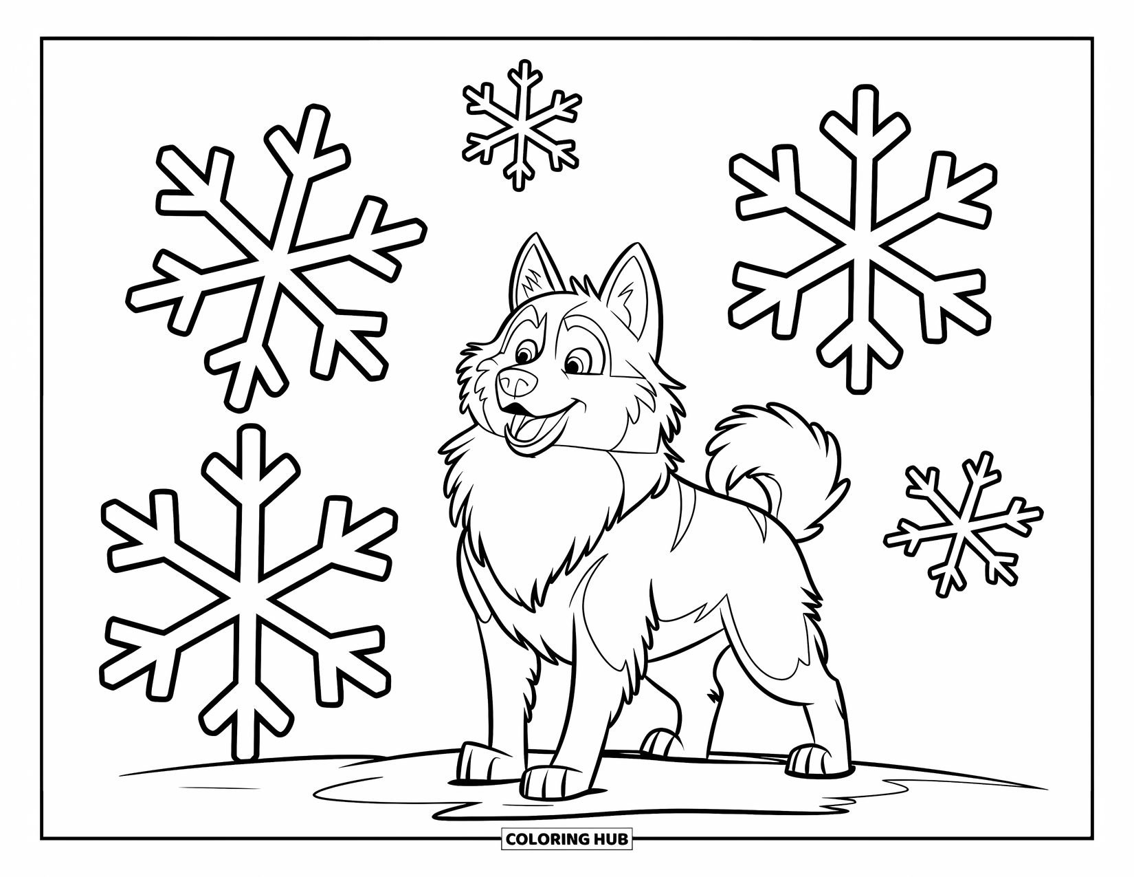 Husky Coloring Page for Kids: A fluffy husky stands in snow under six-point snowflakes