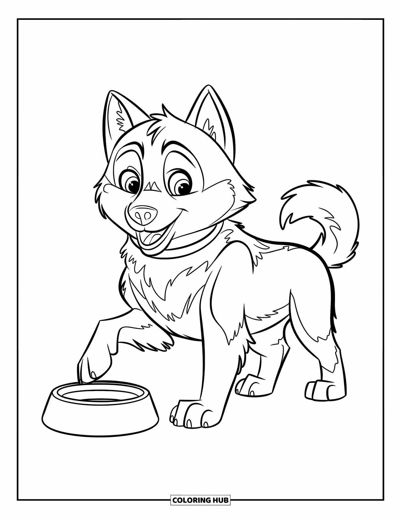Husky Coloring Page for Kids: A fluffy husky with a collar lifts its paw beside a bowl on a plain background