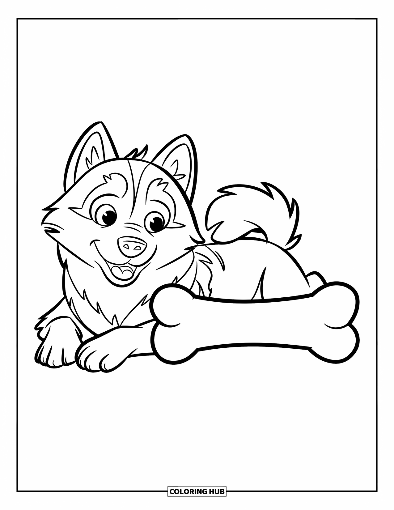 Husky Coloring Page for Kids: A fluffy husky with a friendly look lies beside a giant bone on a blank scene
