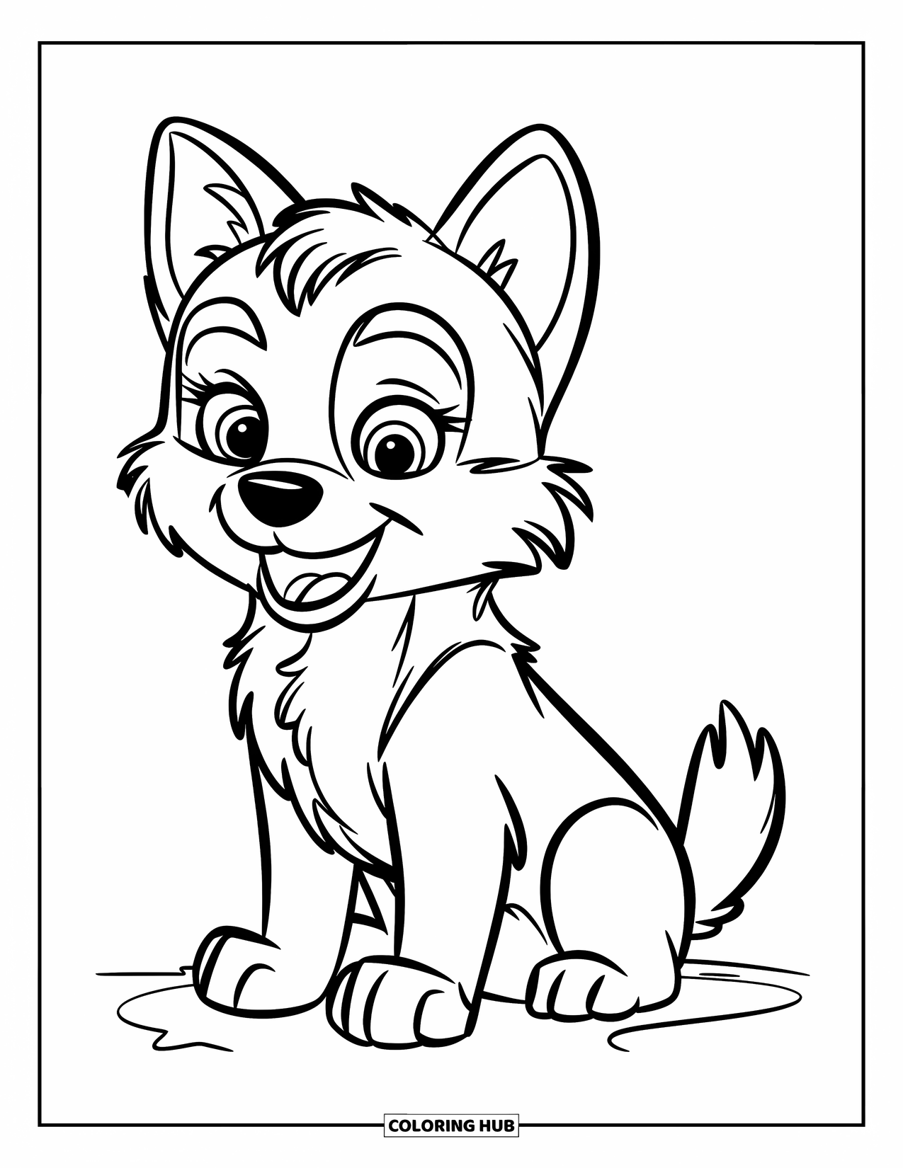 Husky Coloring Page for Kids: A grinning husky puppy with a wagging tail sits on snow