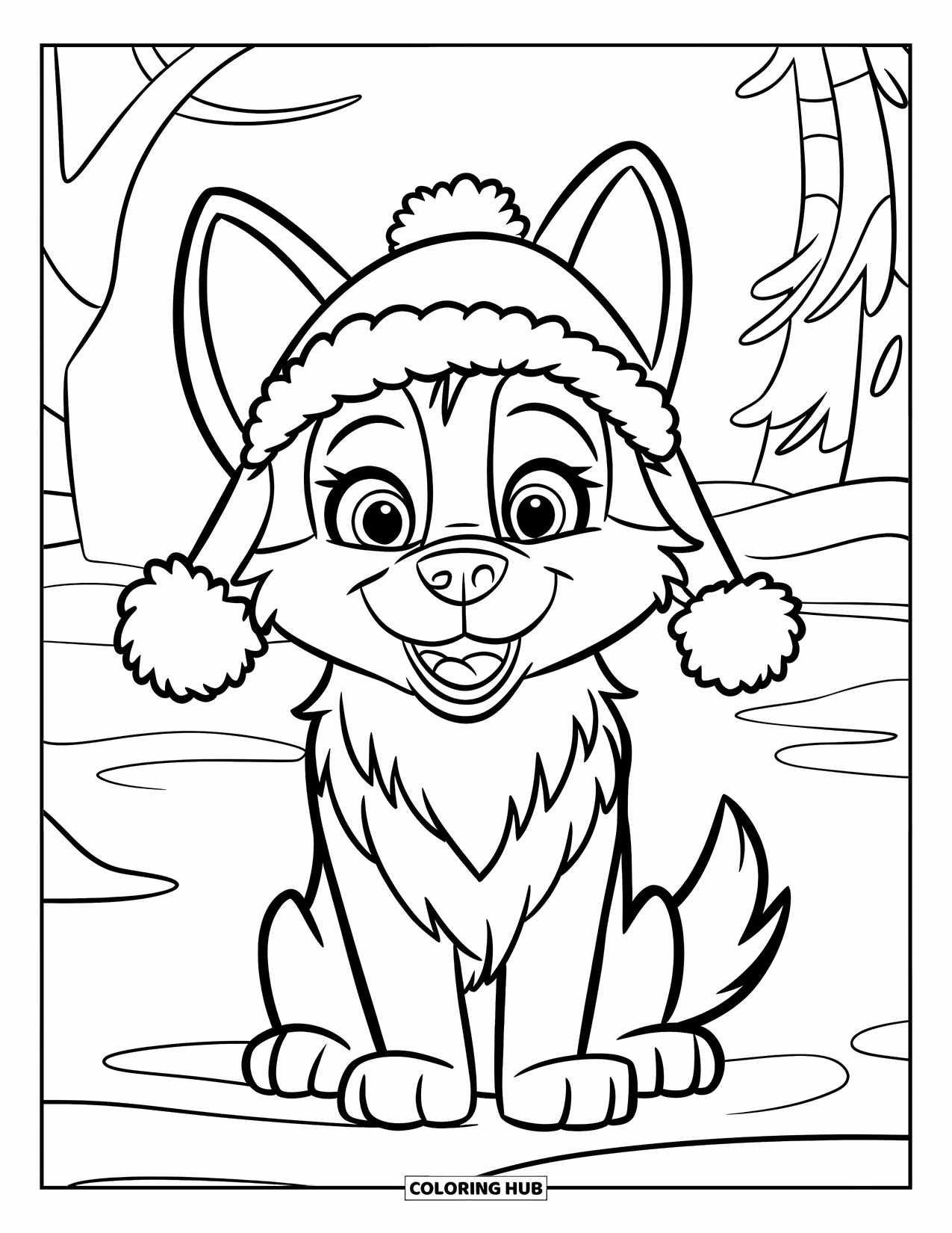 Husky Coloring Page for Kids: A happy husky in a floppy winter hat sits on snowy ground with trees nearby