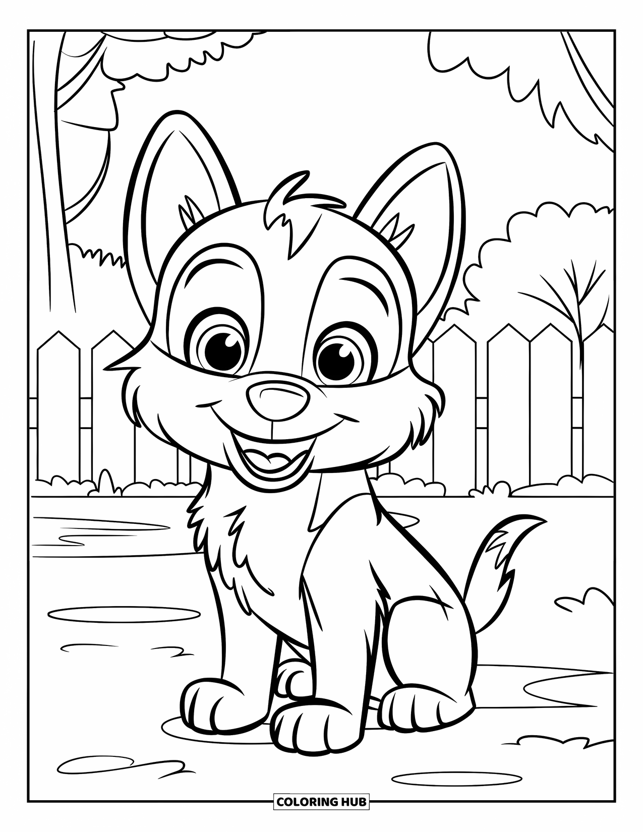 Husky Coloring Page for Kids: A happy husky puppy with a wagging tail sits near a fence and some trees